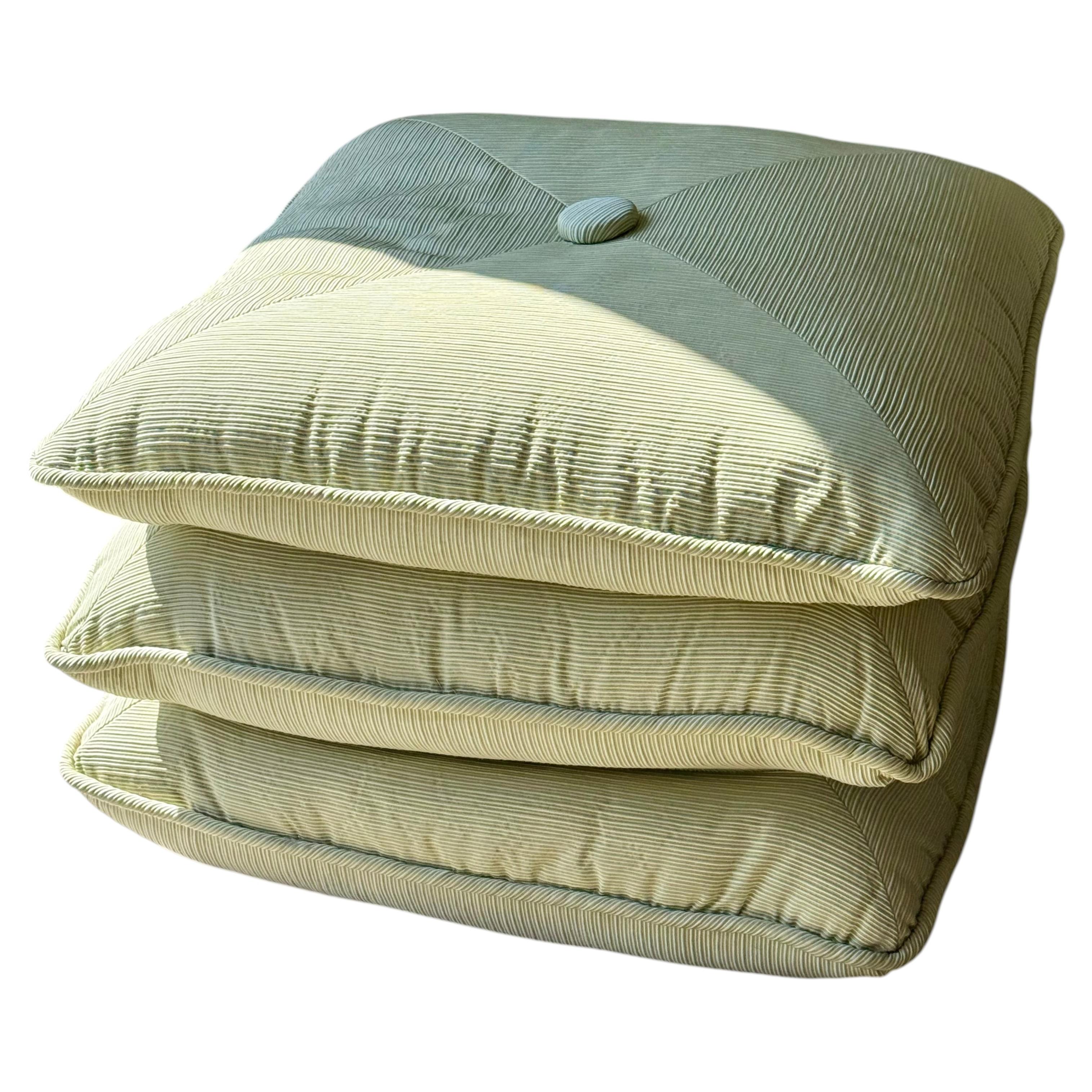 Sculptural Postmodern Stacked Ottoman in Pale Green Channel Tufted Upholstery For Sale