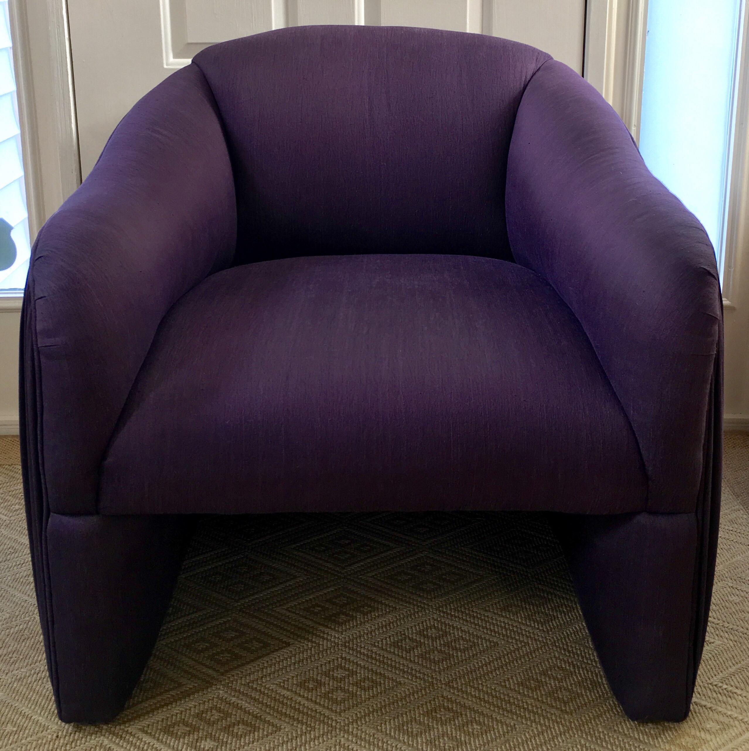 Post-Modern Sculptural Purple Ruched Lounge Chair and Souffle Pouf Ottoman Set, 1980s