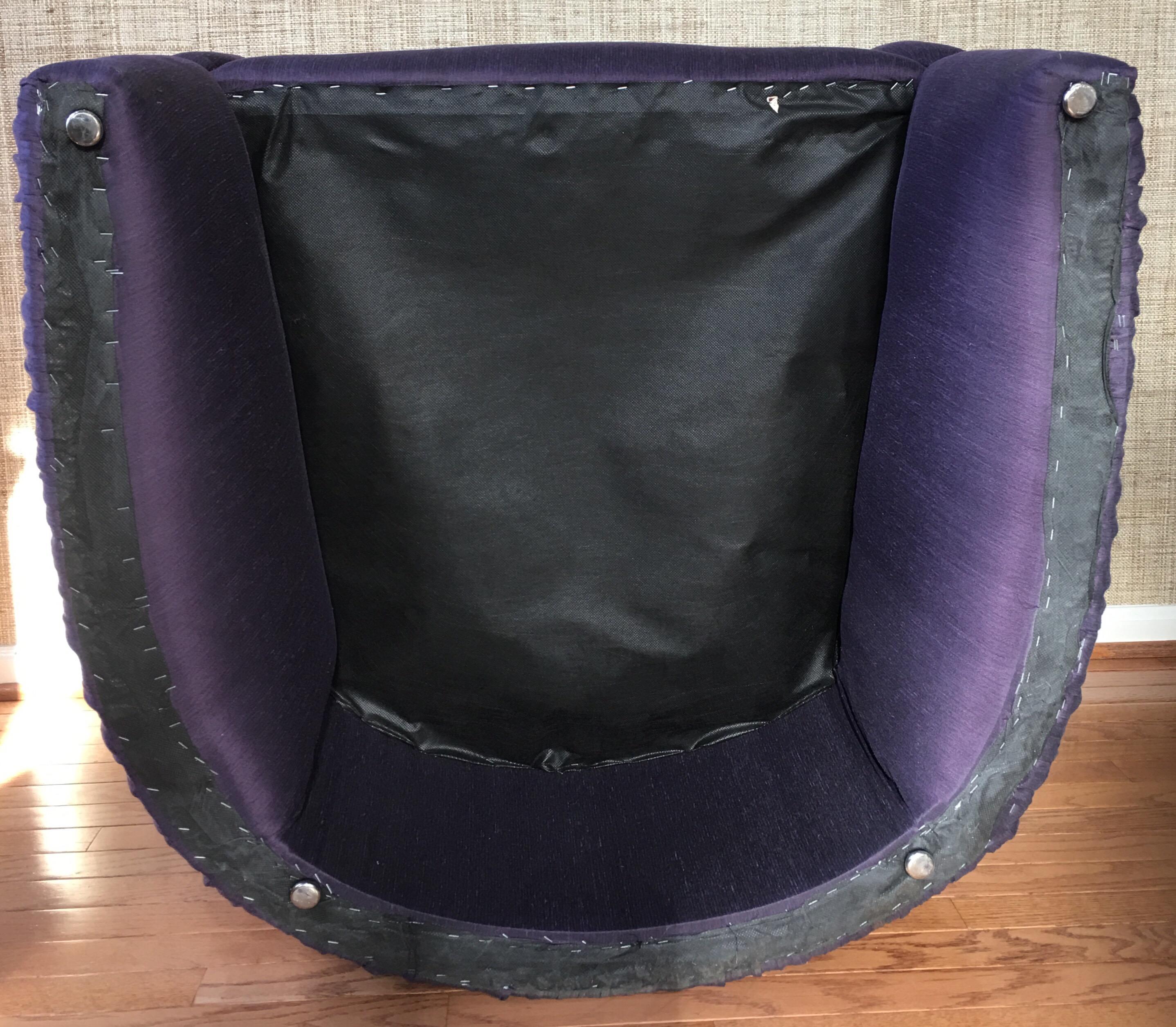 Upholstery Sculptural Purple Ruched Lounge Chair and Souffle Pouf Ottoman Set, 1980s