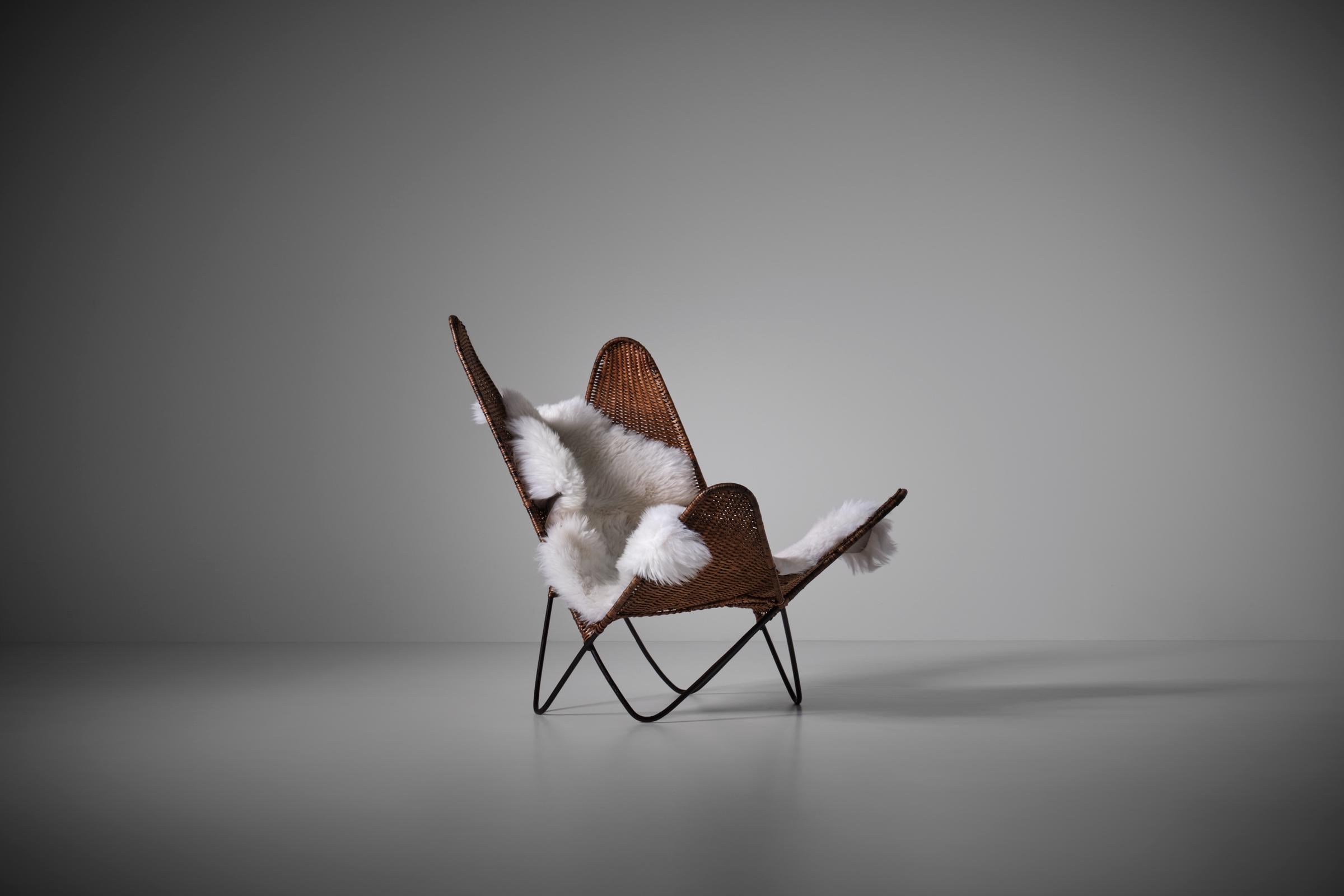 Metal Sculptural Rattan Butterfly Chair, France 1960s