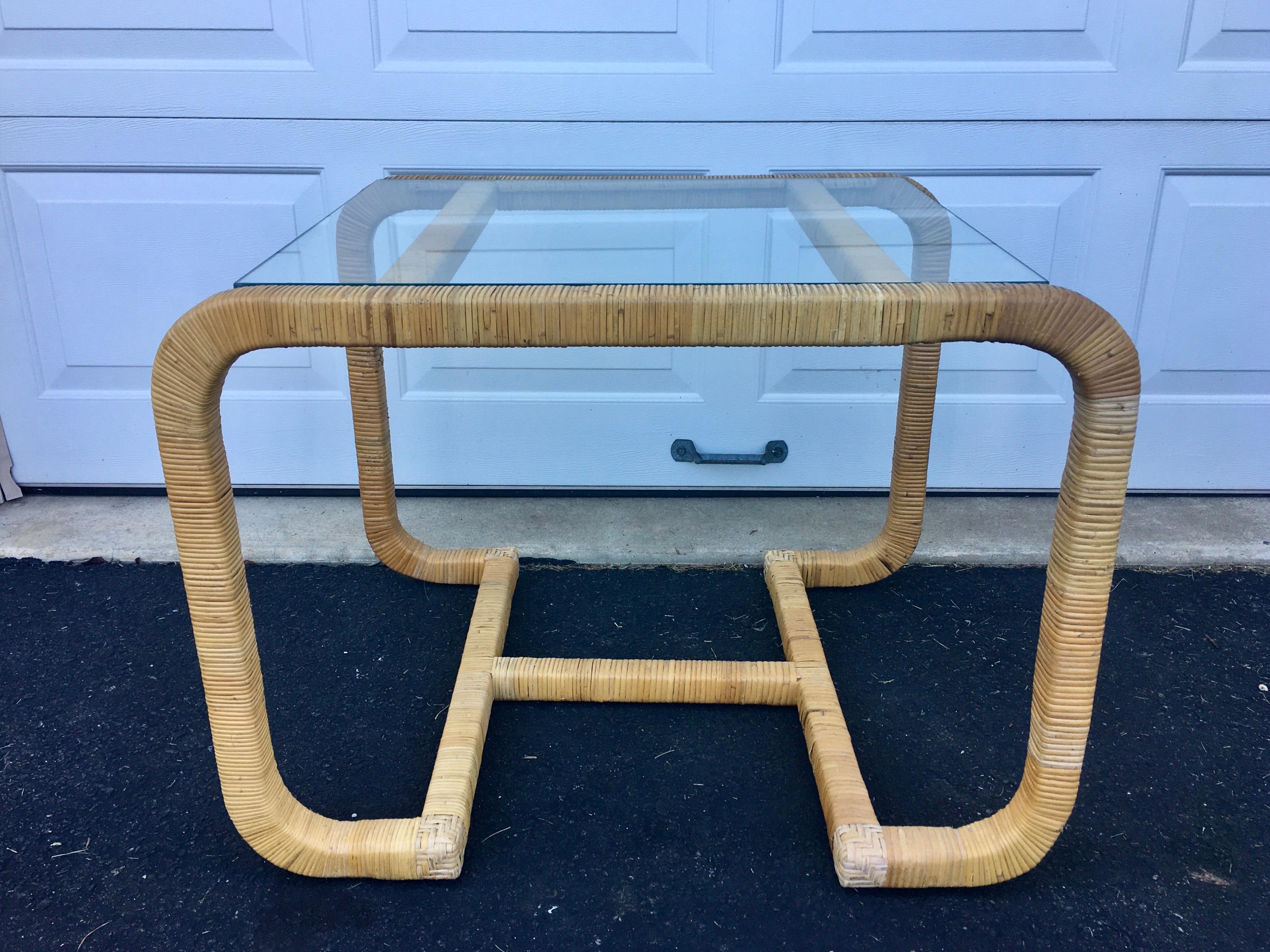 rattan and glass side table