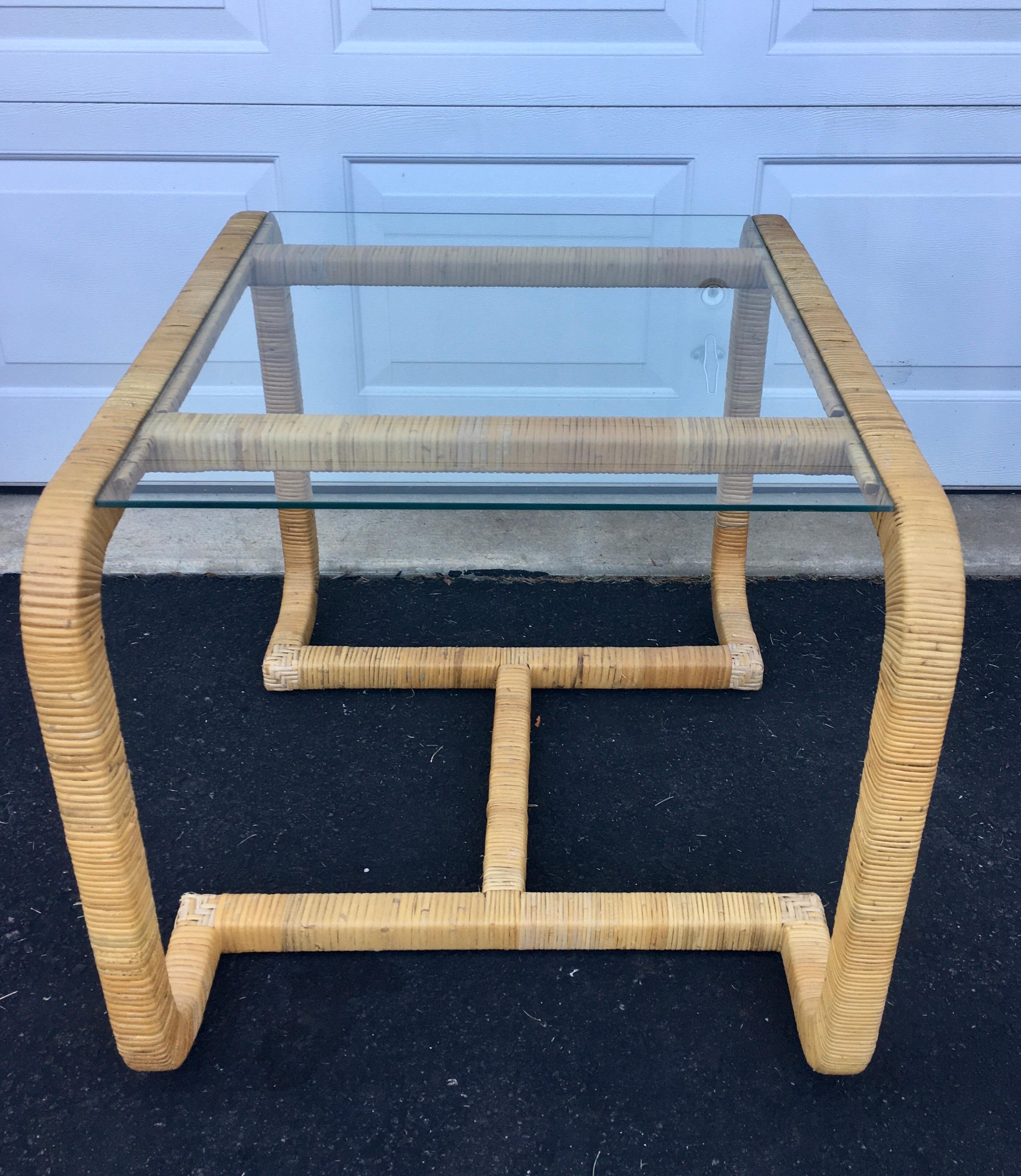 Sculptural Rattan Wrapped Glass Side Table, Palm Regency In Good Condition For Sale In Lambertville, NJ