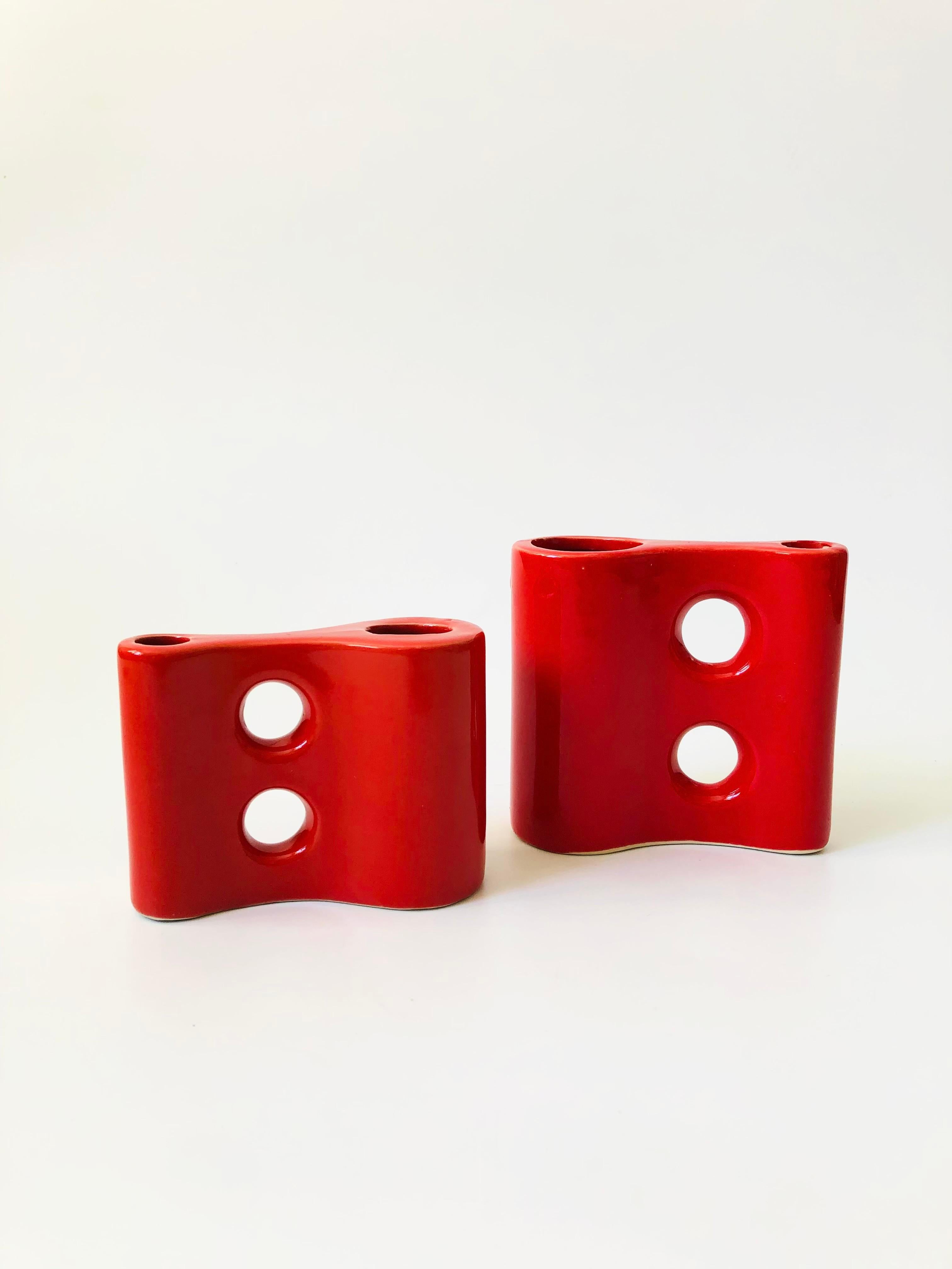Post-Modern Sculptural Red Ceramic Vases - Set of 2 For Sale