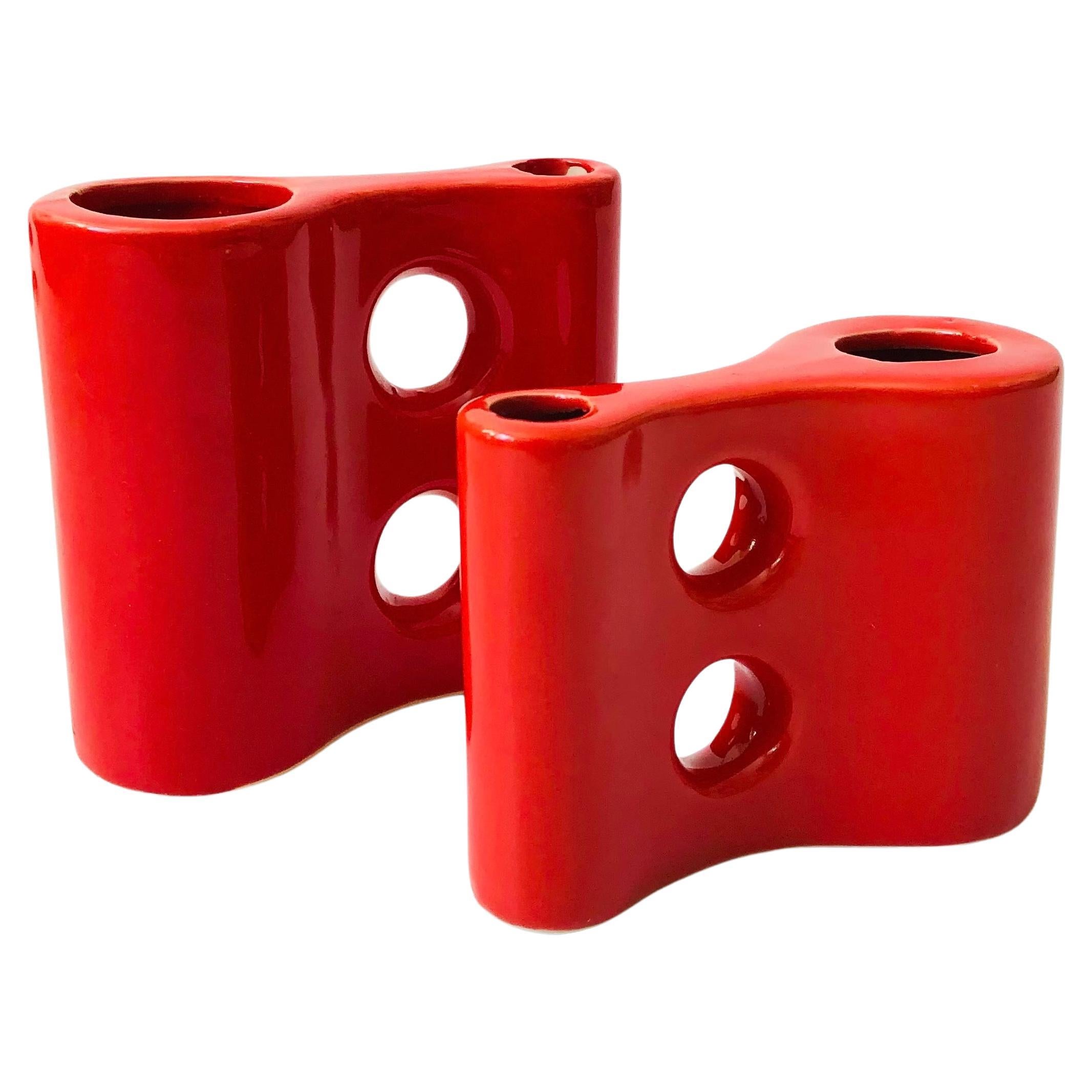 Sculptural Red Ceramic Vases - Set of 2 For Sale