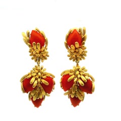 Sculptural Red Coral Drop Earrings in 18K Yellow Gold, Circa 1960s