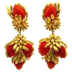Sculptural Red Coral Drop Earrings in 18K Yellow Gold, Circa 1960s