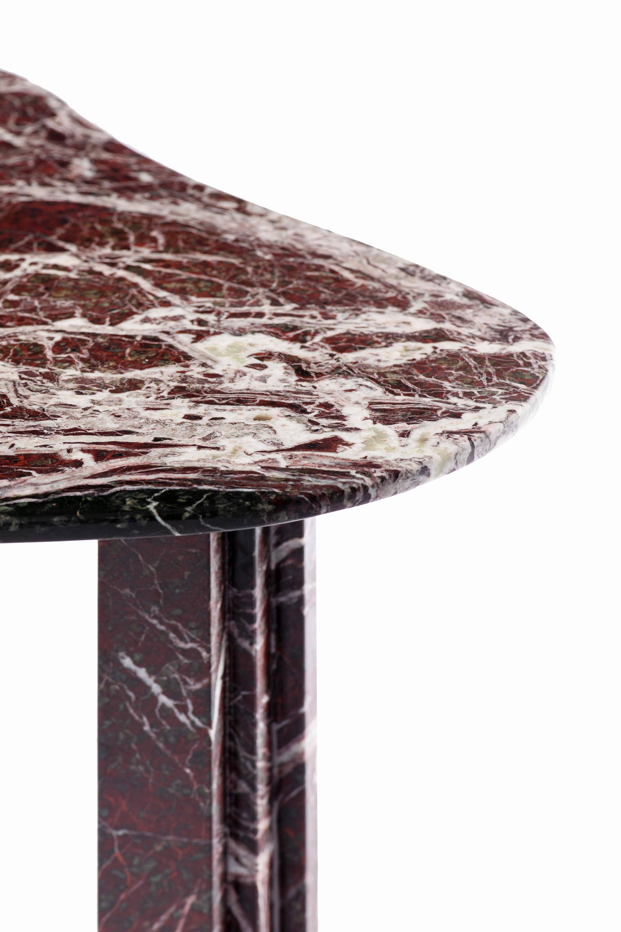 Sculptural red marble table - Lorenzo Bini

Title: She said

Measures: 
- dining table 190 x 125 x h 73,5 cm
- coffee table 95 x 63 x h 37 cm

Material: Rosso Levanto


SIX TABLEAUX is a series of marble tables designed by Lorenzo Bini