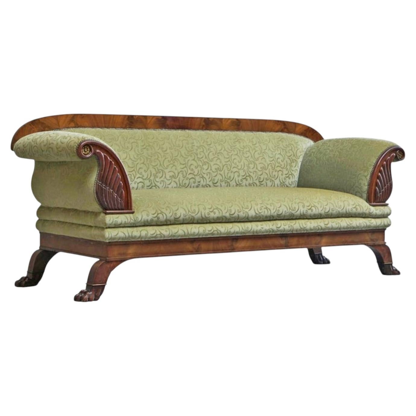 Sculptural Regency Sofa in Figured Mahogany Veneer and Velvet Early 19th Century