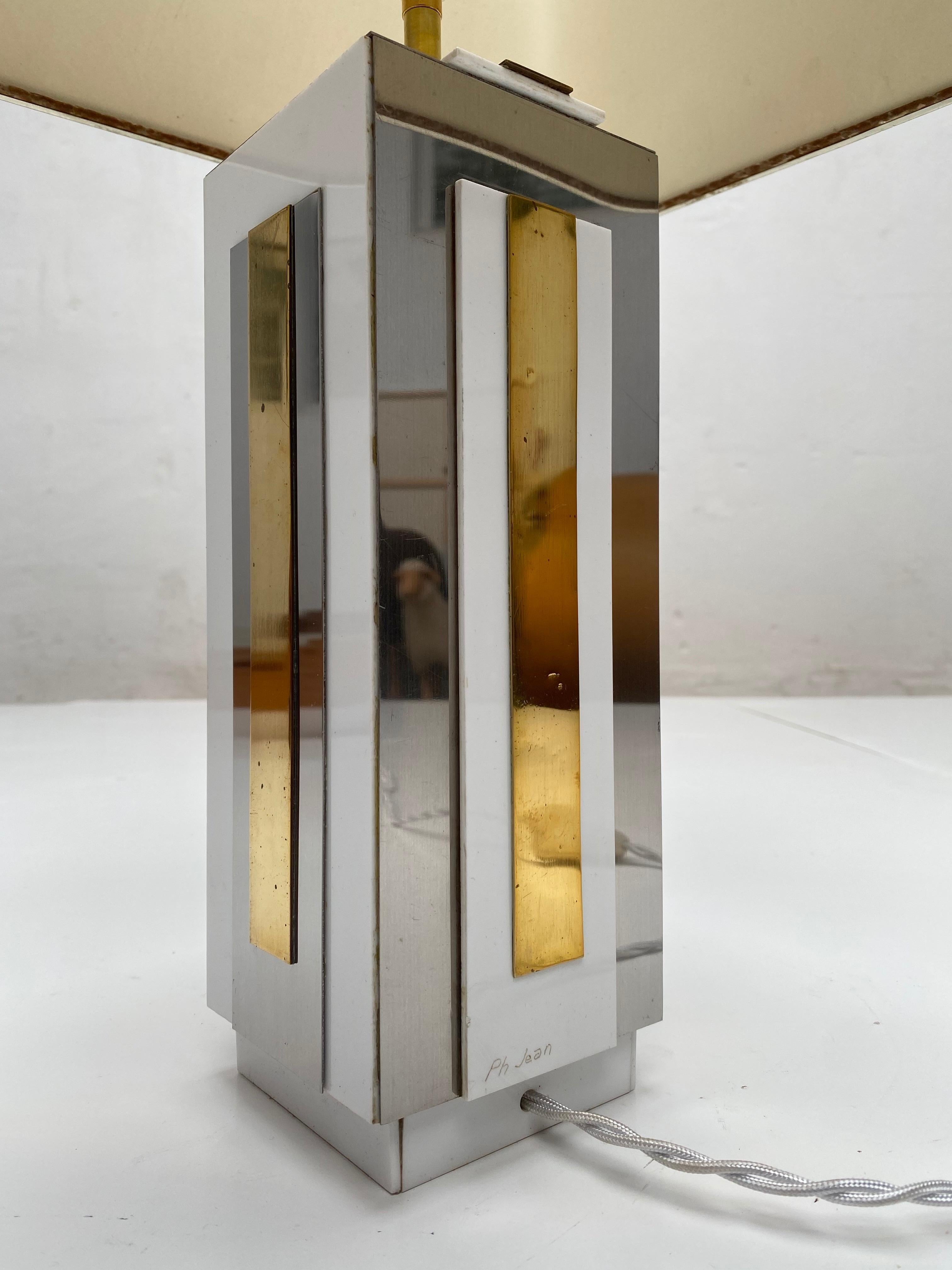 Sculptural Relief Table Lamp by Sculptor 'PH Jean' 1970 Brass Inox Lucite Signed For Sale 6
