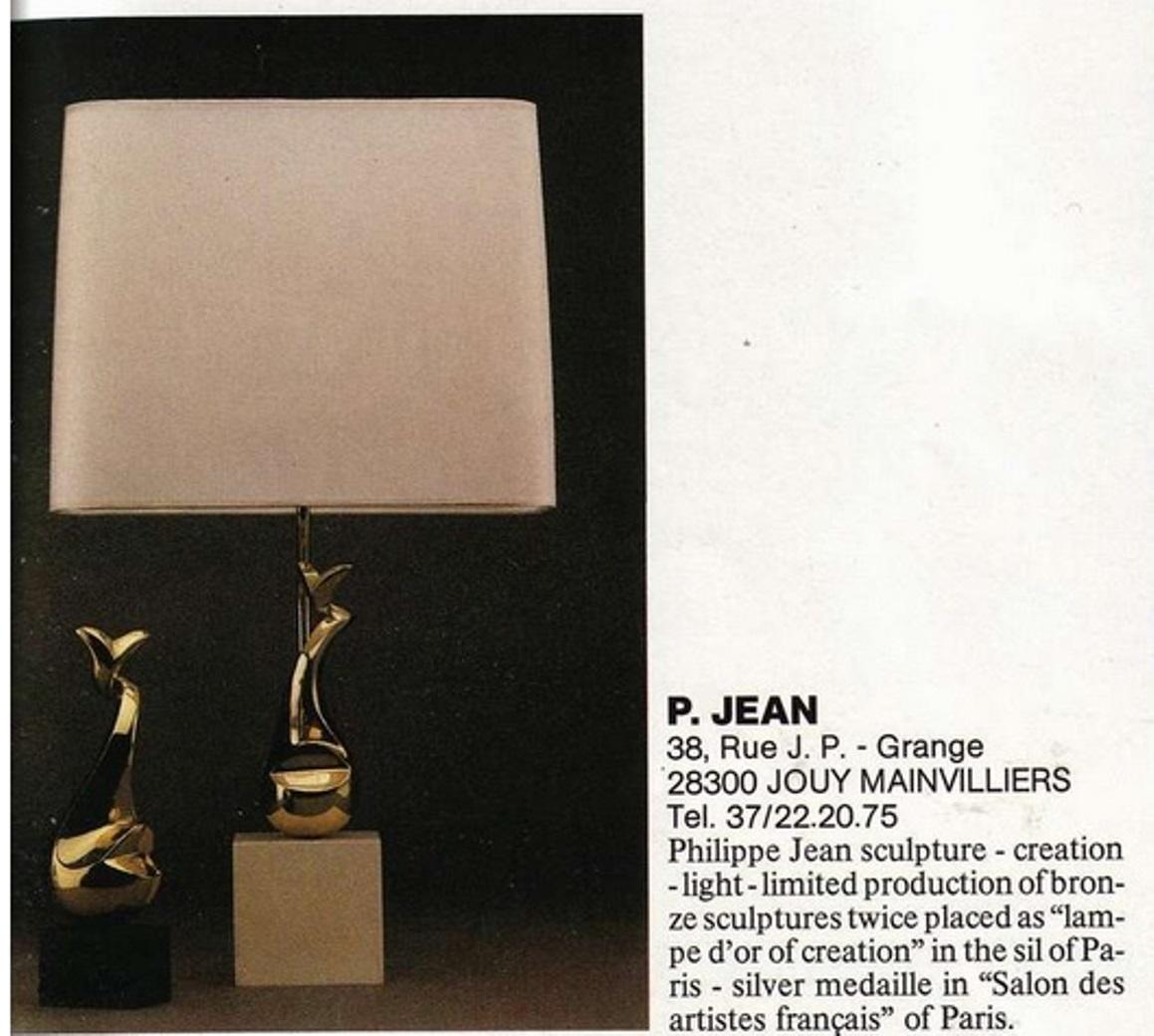 French Sculptural Relief Table Lamp by Sculptor 'PH Jean' 1970 Brass Inox Lucite Signed For Sale