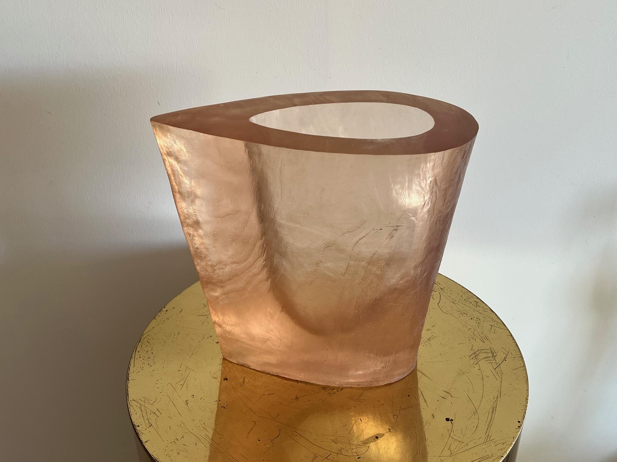 Unusual, sculptural resin vessel or vase. Made of thick resin, heavy with wood grain simulated textured finish. Beautiful organic shape reminiscent of Venini batutto technique.