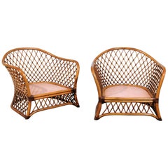 Sculptural Restored Pair of Large-Scale Lattice Club Chairs, circa 1990