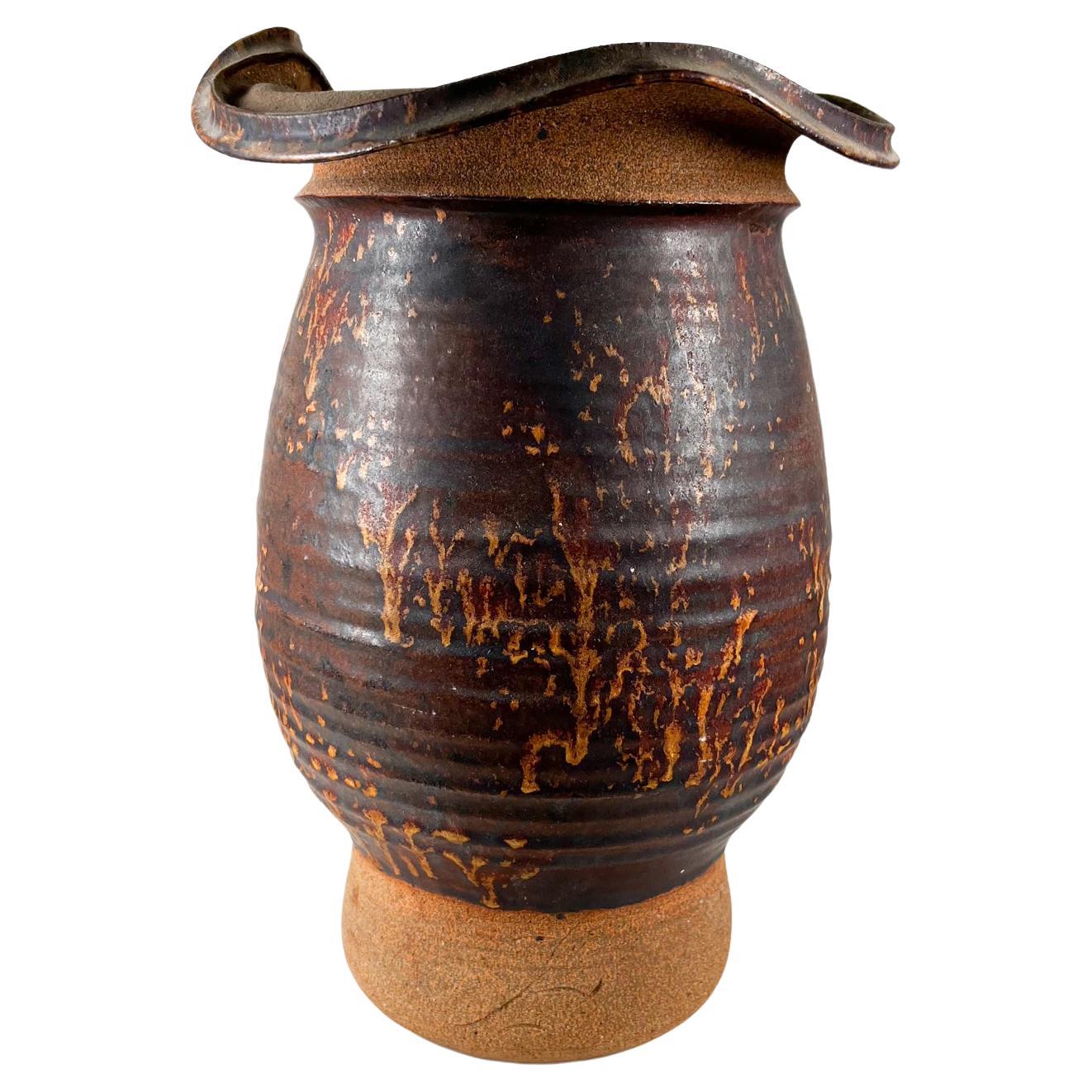 Old Art Pottery Sculptural Lidded Vessel Textured Jar Signed For Sale