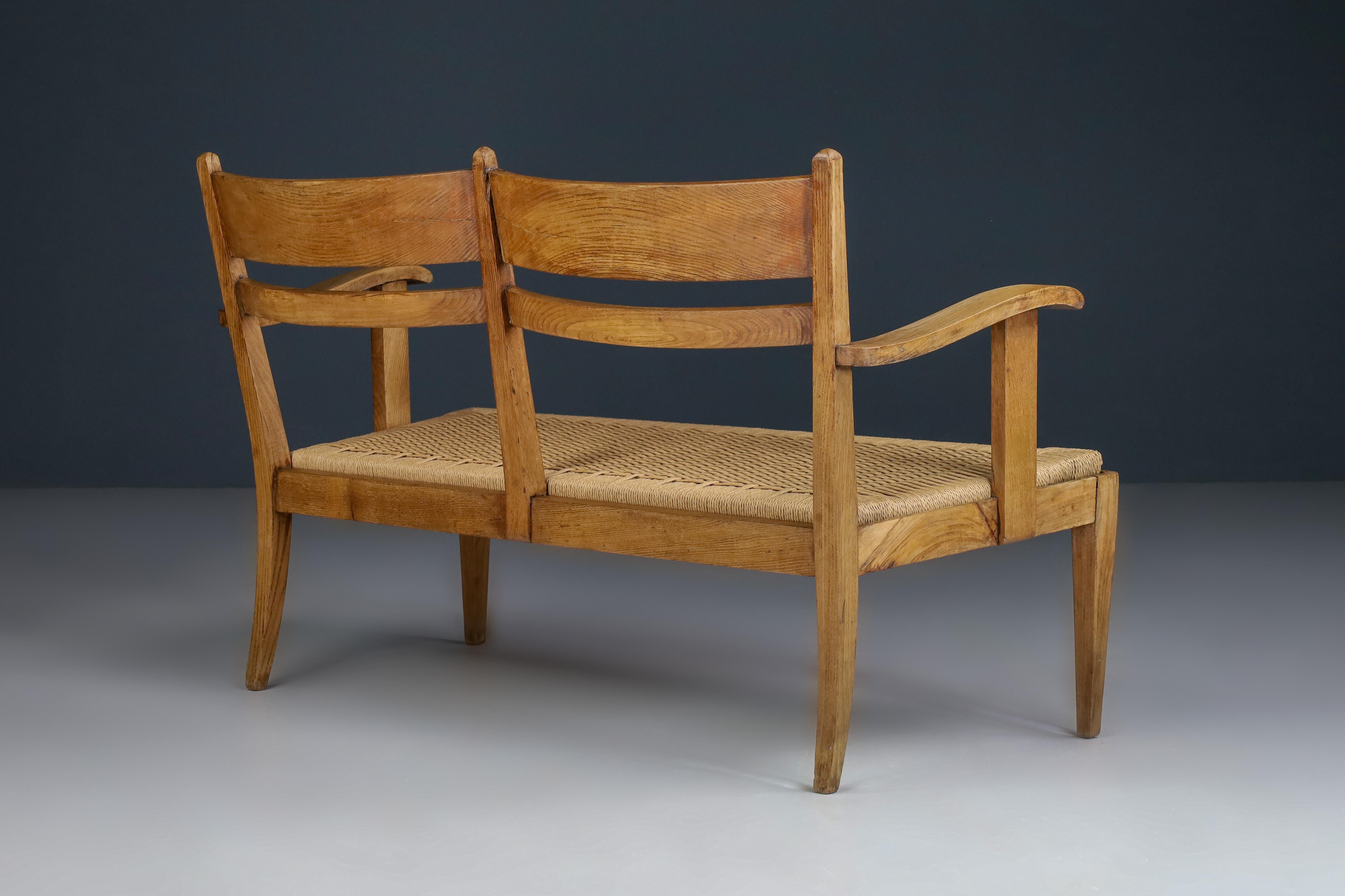 French Provincial Sculptural Rope and Oak Settee or Bench, France 1950s  