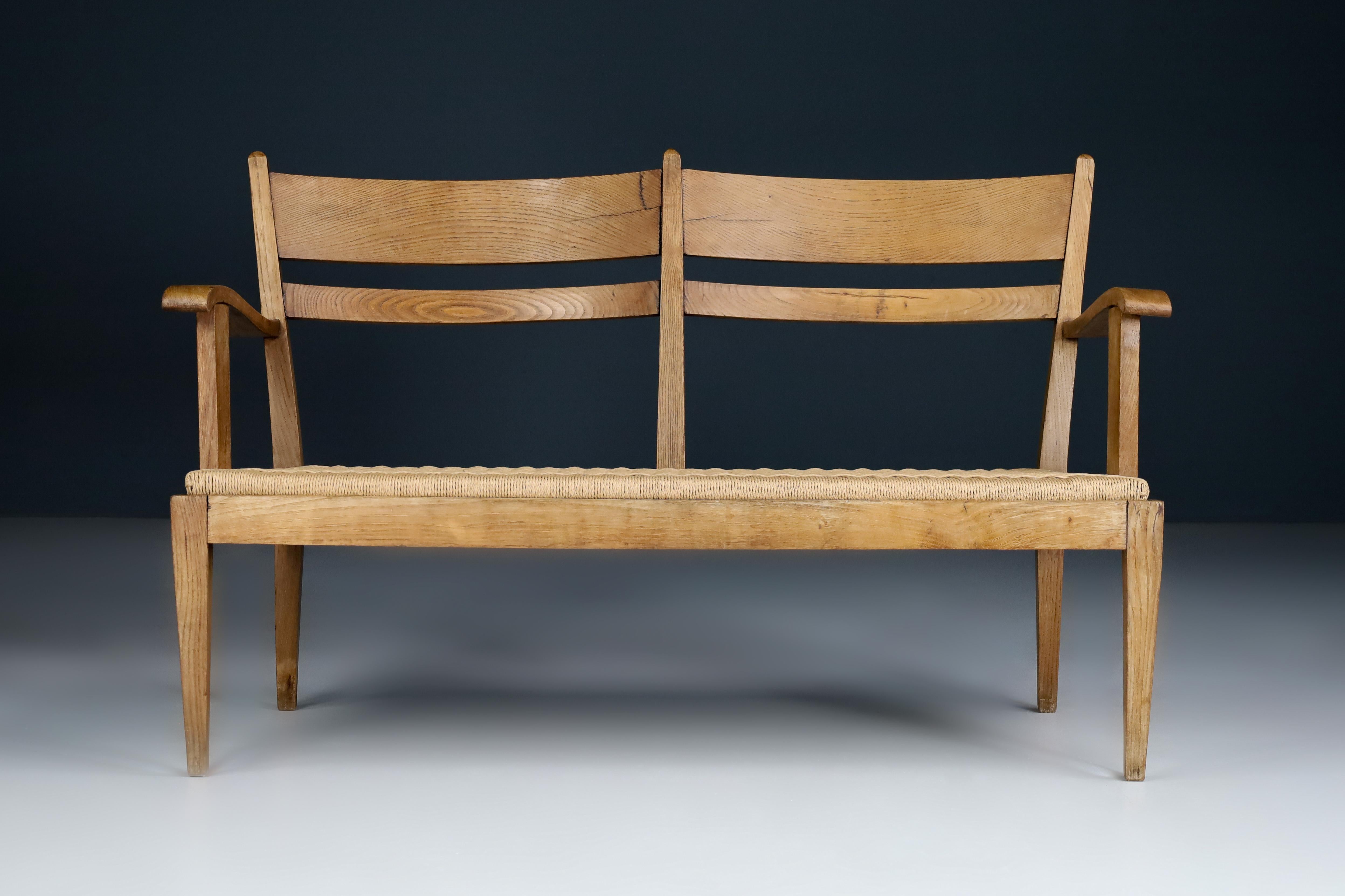 French Sculptural Rope and Oak Settee or Bench, France 1950s  