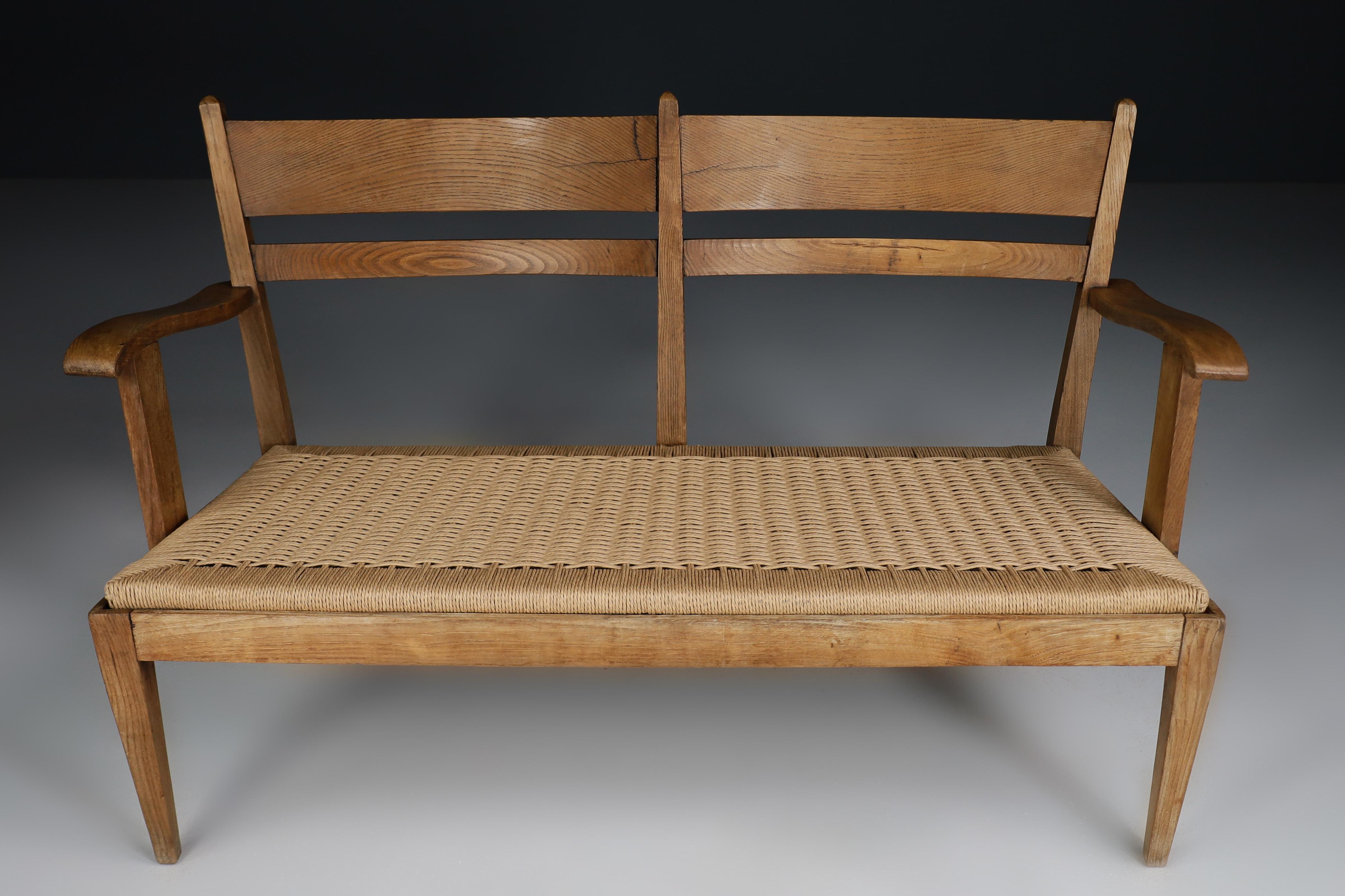 Sculptural Rope and Oak Settee or Bench, France 1950s   In Good Condition In Almelo, NL