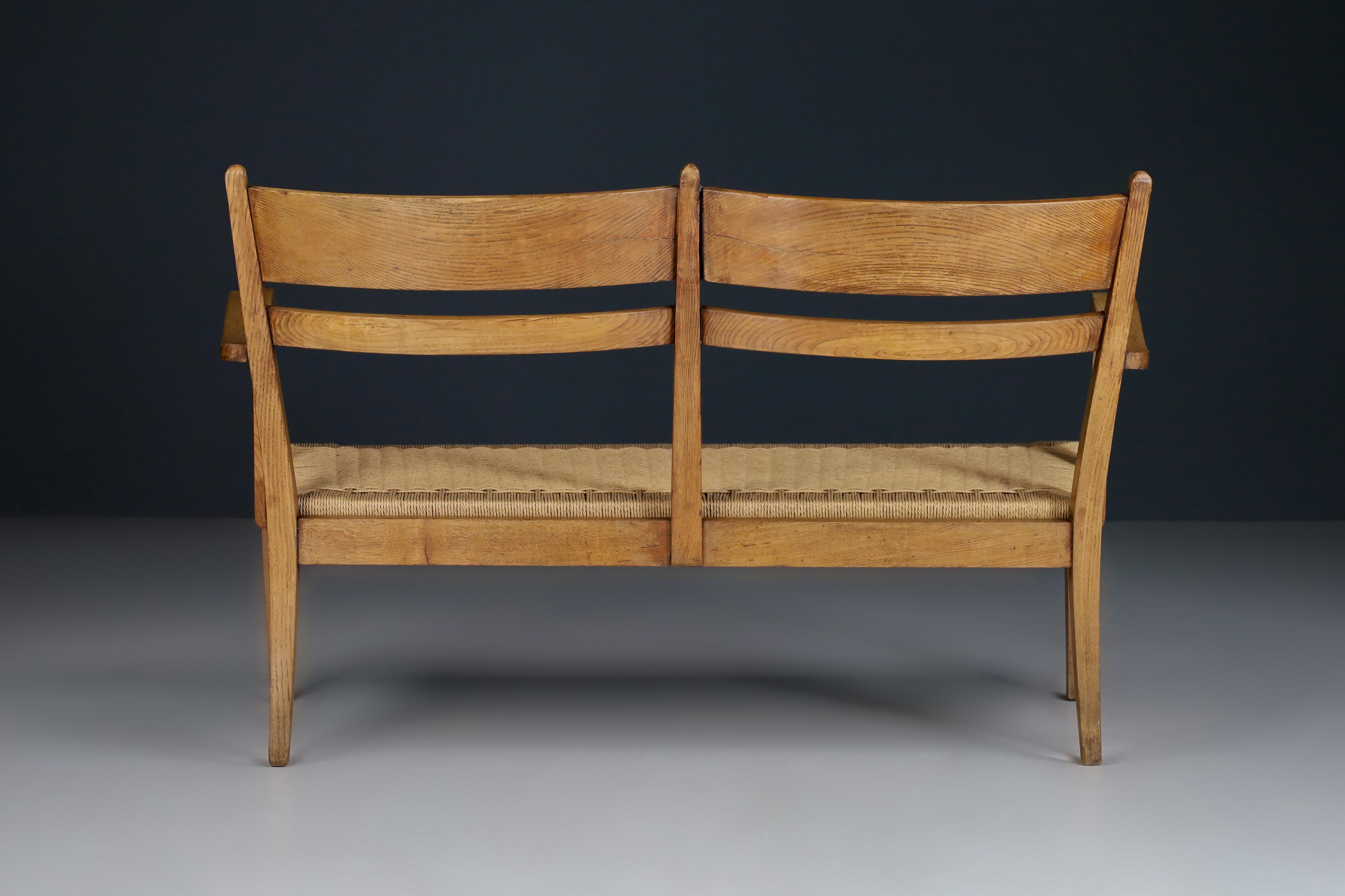 Sculptural Rope and Oak Settee or Bench, France 1950s   3