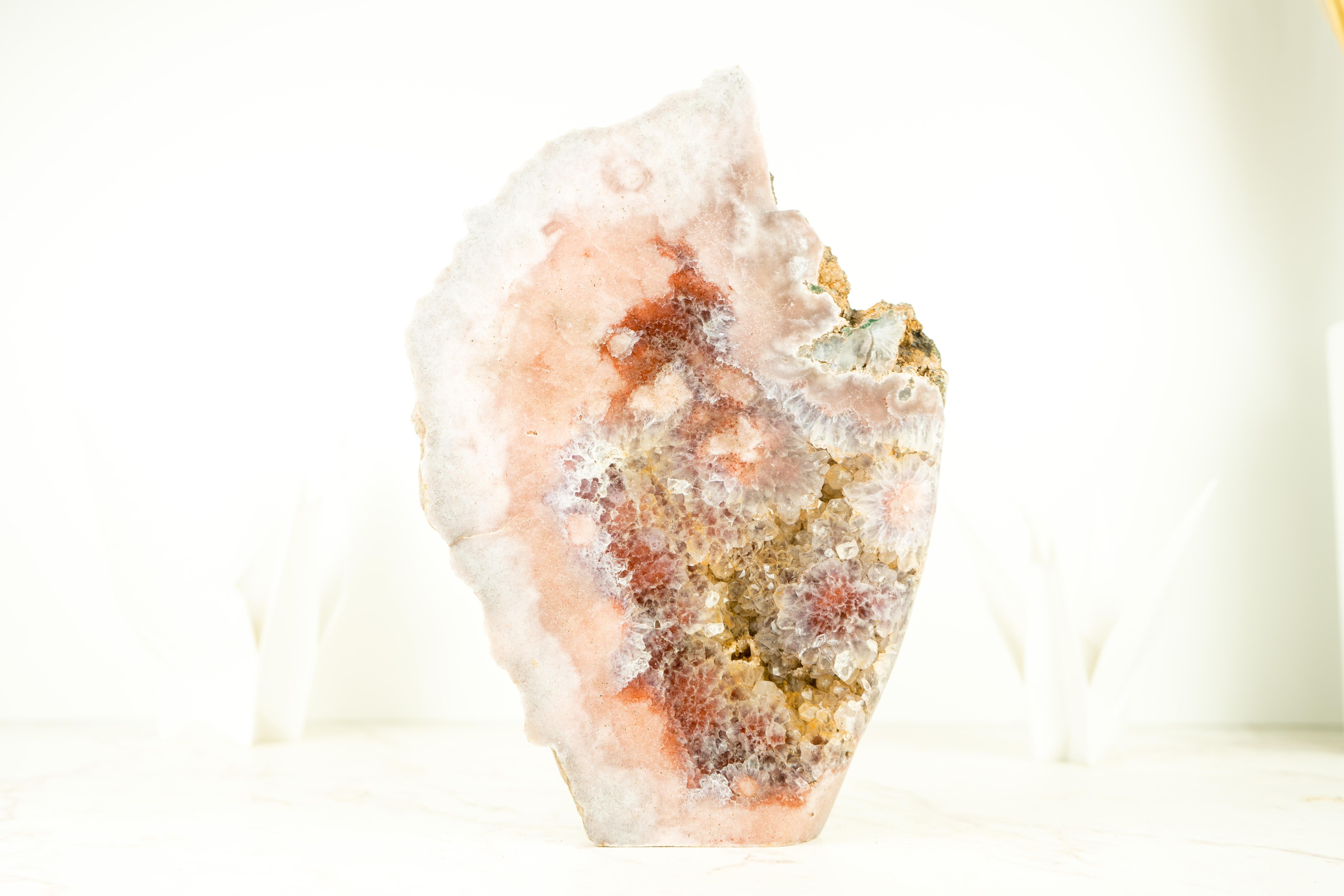 Brazilian Sculptural Rose Amethyst Geode Slab with Pink and Red Amethyst, Crystal Decor For Sale
