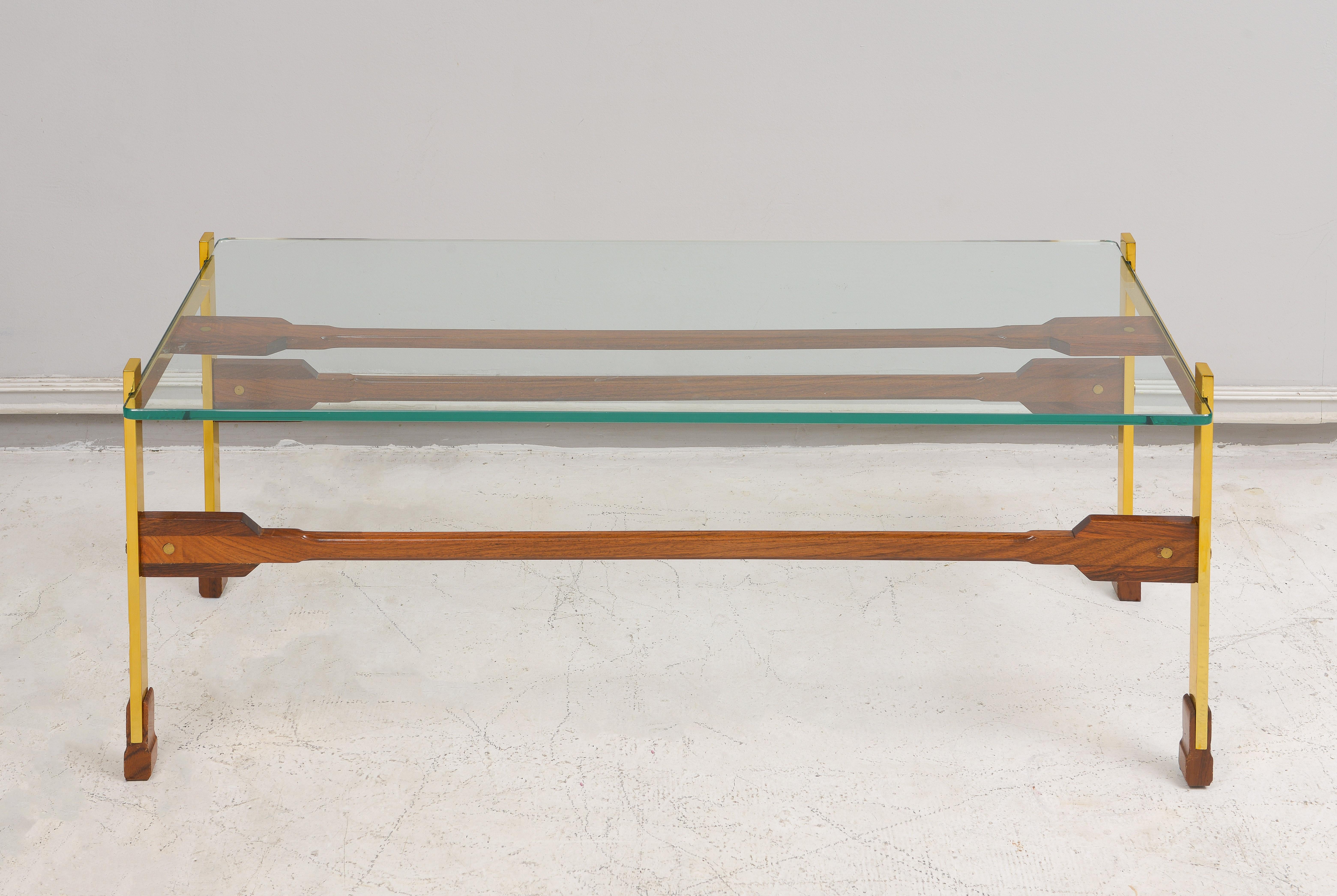 Mid-20th Century Sculptural Rosewood and Brass Coffee Table For Sale