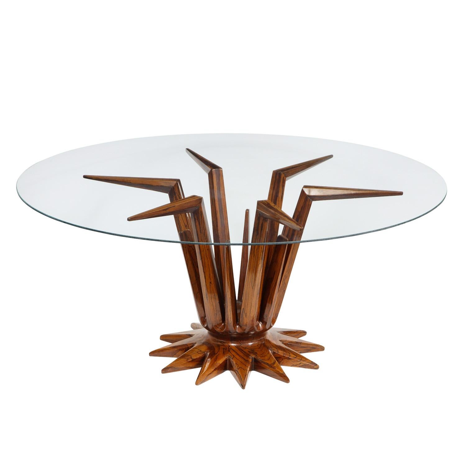 Artisan sculptural coffee table, crown of thorns style design in lacquered rosewood with glass top, Italian, 1950's. This coffee table is meticulously made.
