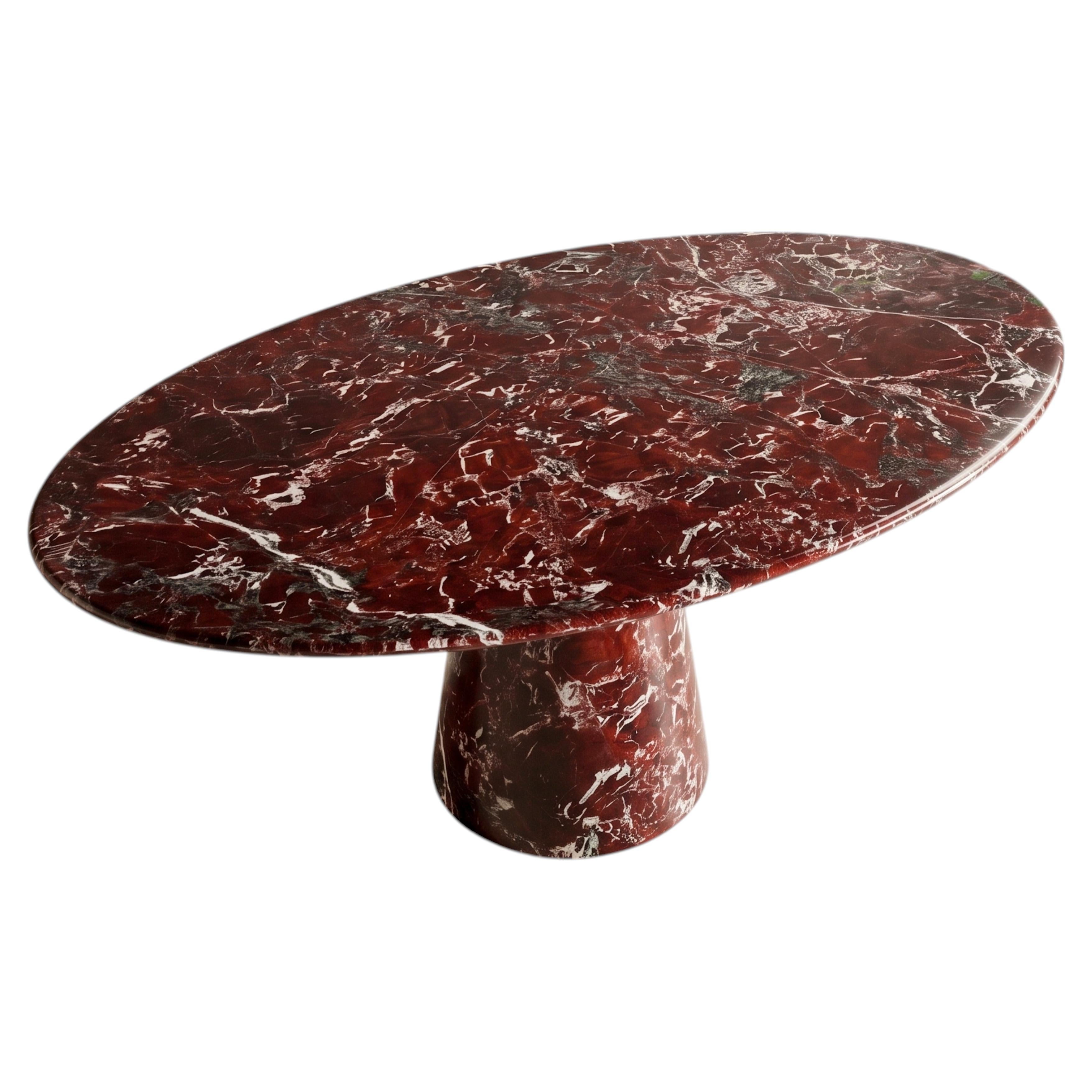Sculptural Rosso Levanto Burgundy Marble Ellipse Table – Minimalist Conical Base