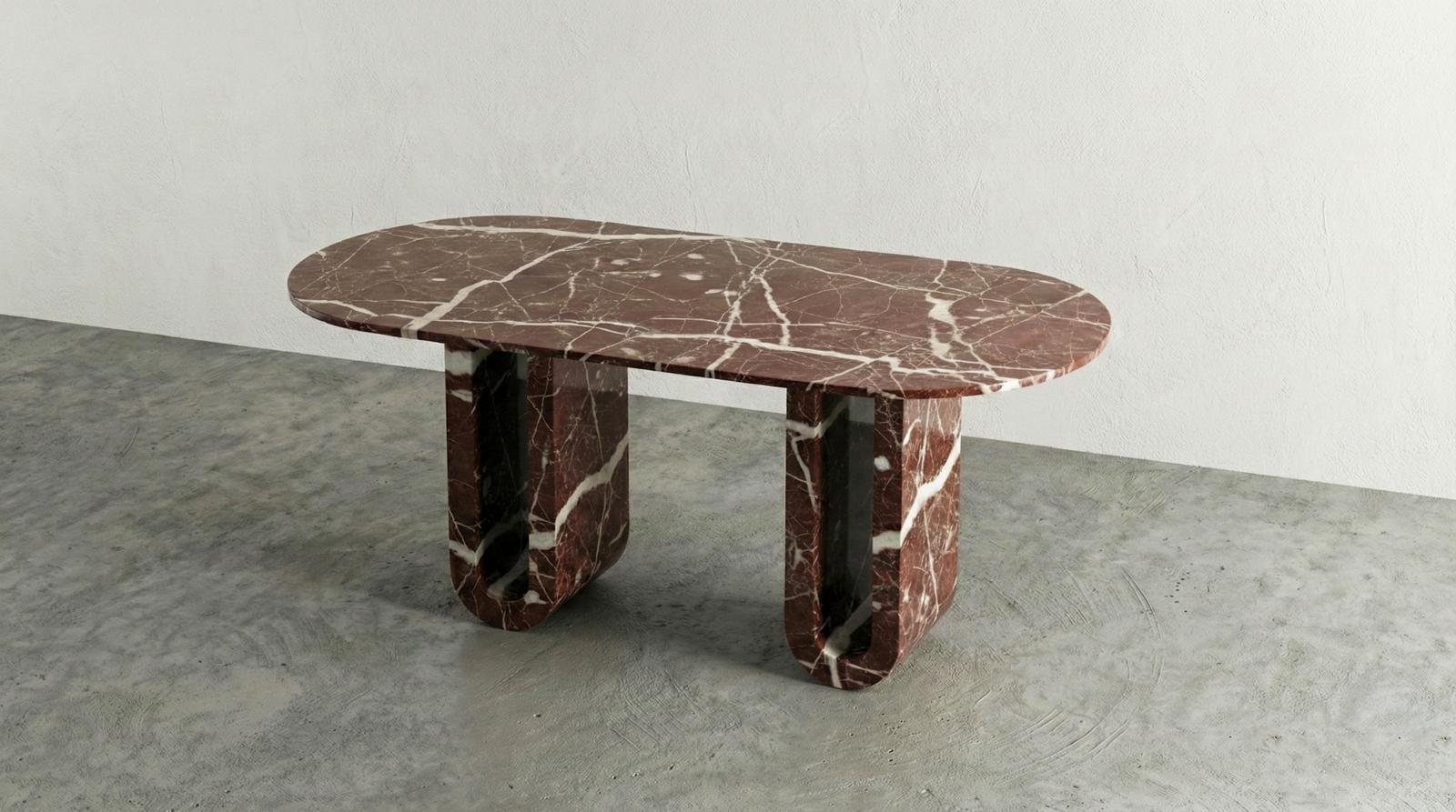 Arts and Crafts Sculpturale Table de salle à manger en marbre Rosso Levanto - Deep Burgundy Stone Table en vente