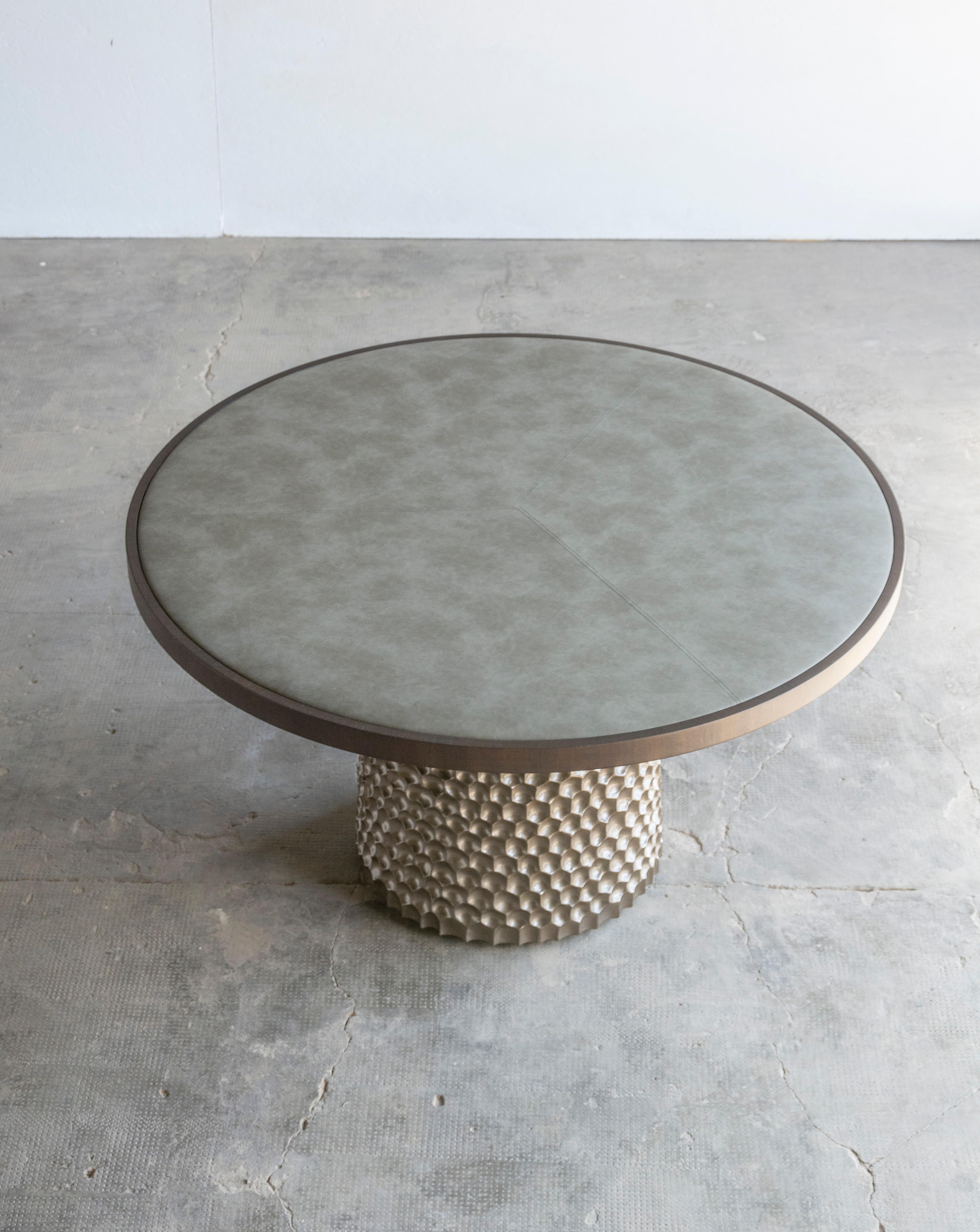 Contemporary Sculptural Round Carved Wood and Fabric Game Table from Costantini Design, Giada For Sale