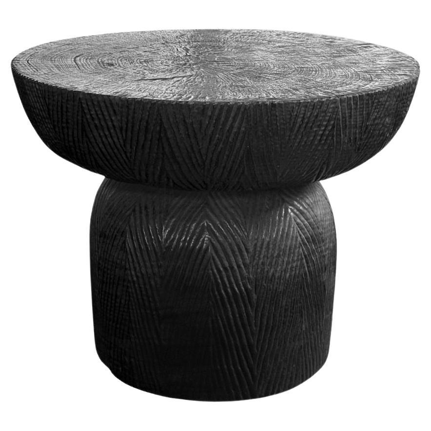 Sculptural Round Table Crafted from Solid Mango Wood, Burnt Finish