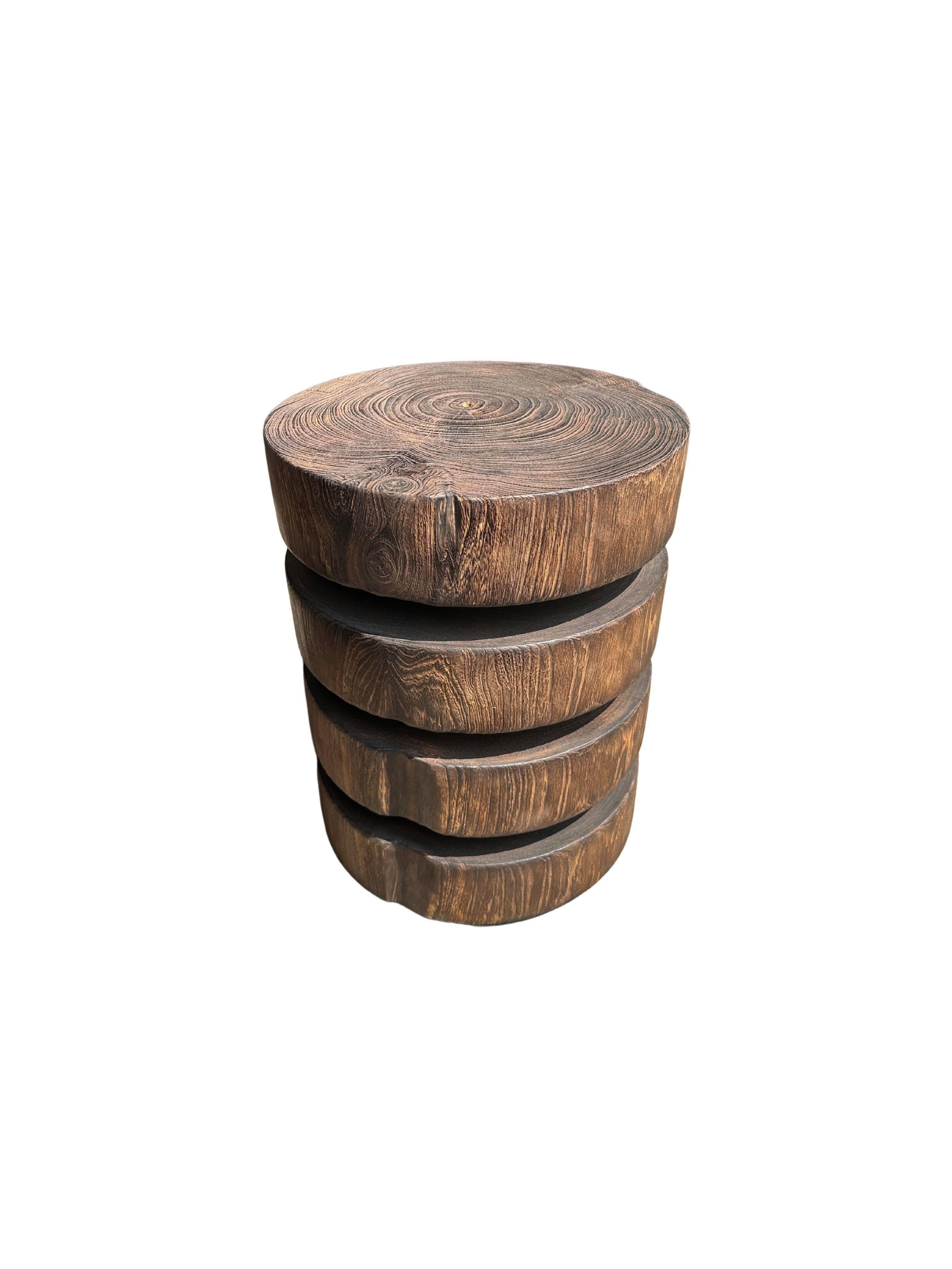 Organic Modern Sculptural Round Table Crafted from Solid Suar Wood Stacked Design For Sale