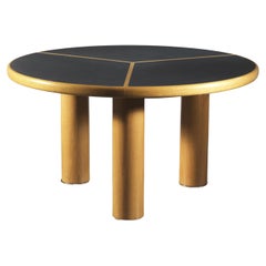 Sculptural Round table in wood, brass and dark laminate, Italy 1970s