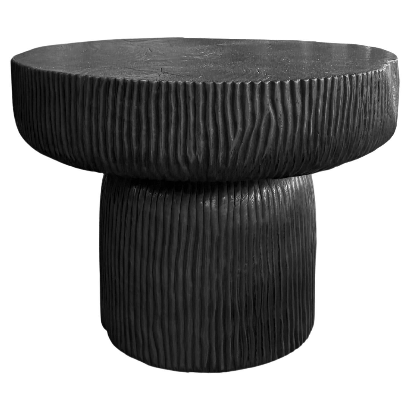 Sculptural Round Table: Solid Mango Wood, Burnt Finish, Modern Organic For Sale