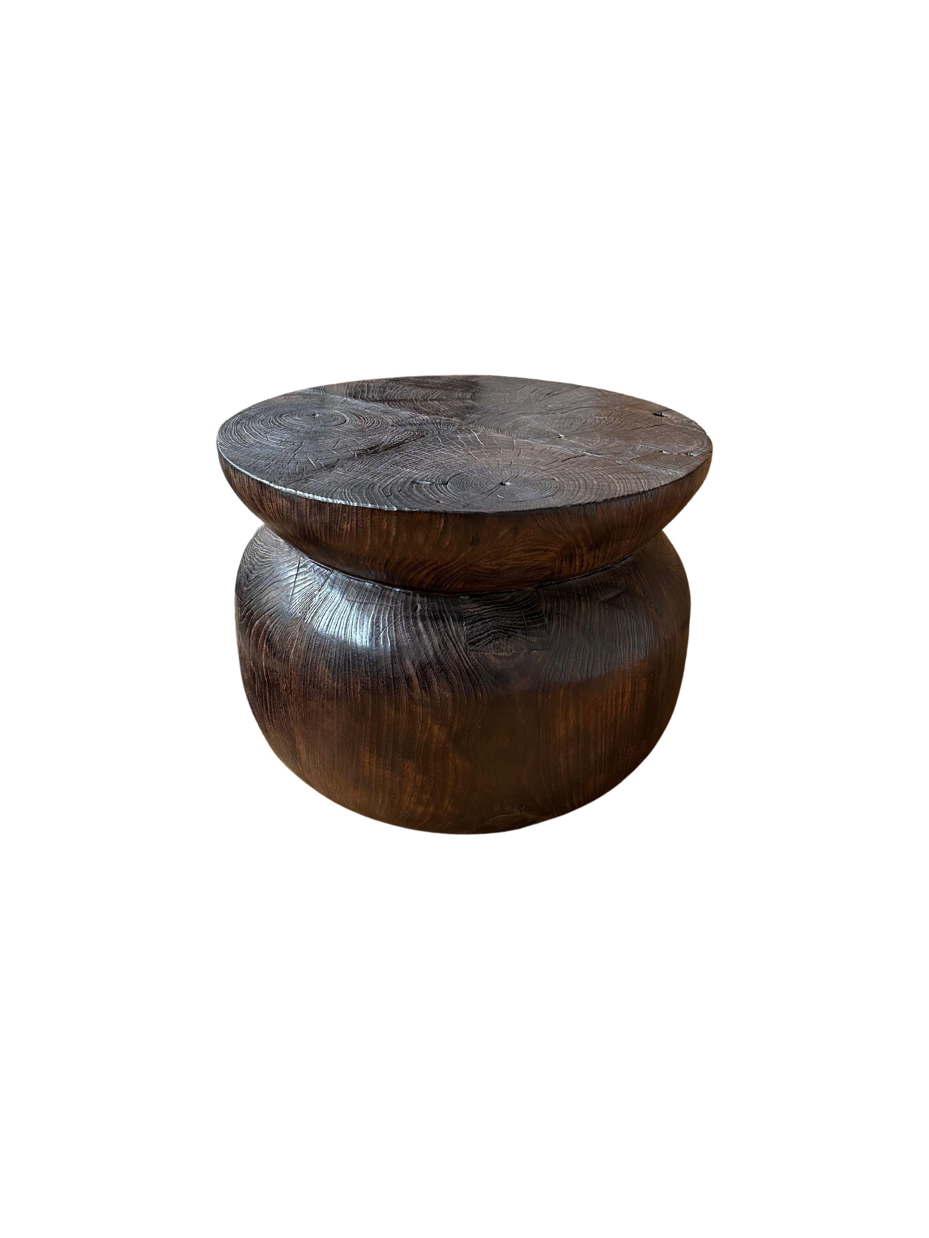 Organic Modern Sculptural Round Teak Wood Side Table, Burnt Finish, Modern Organic For Sale
