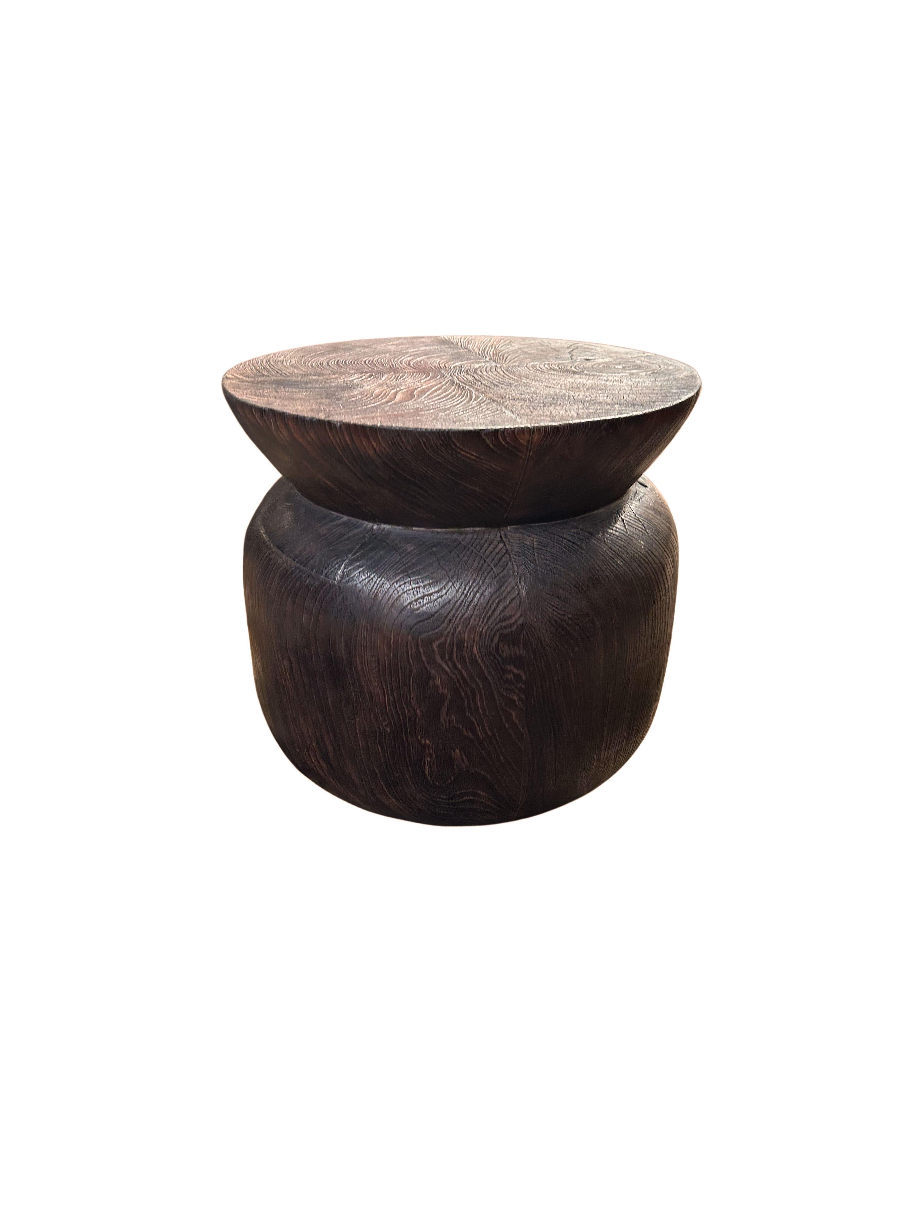 Organic Modern Sculptural Round Teak Wood Side Table, Burnt Finish, Modern Organic For Sale