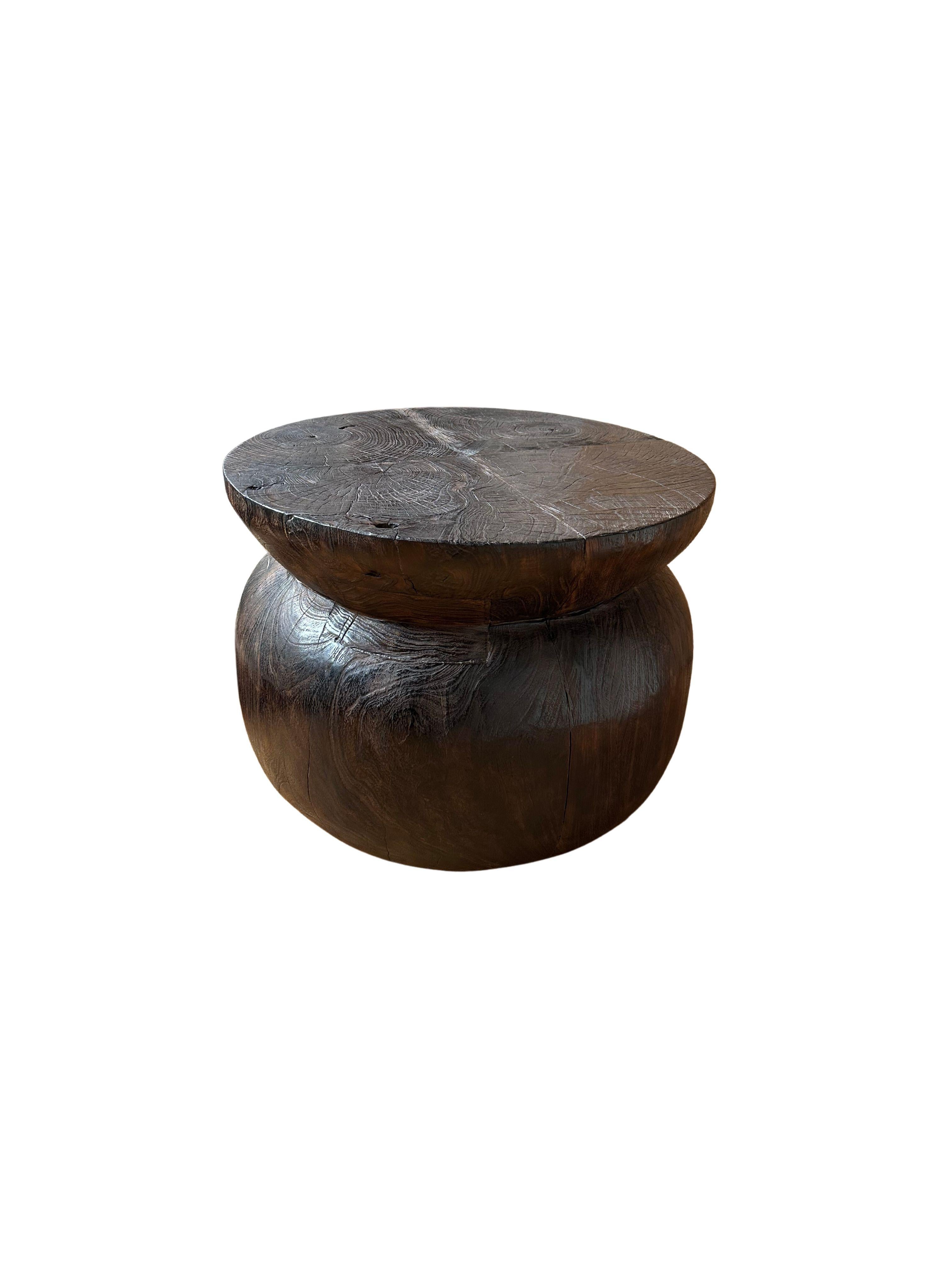 Indonesian Sculptural Round Teak Wood Side Table, Burnt Finish, Modern Organic For Sale