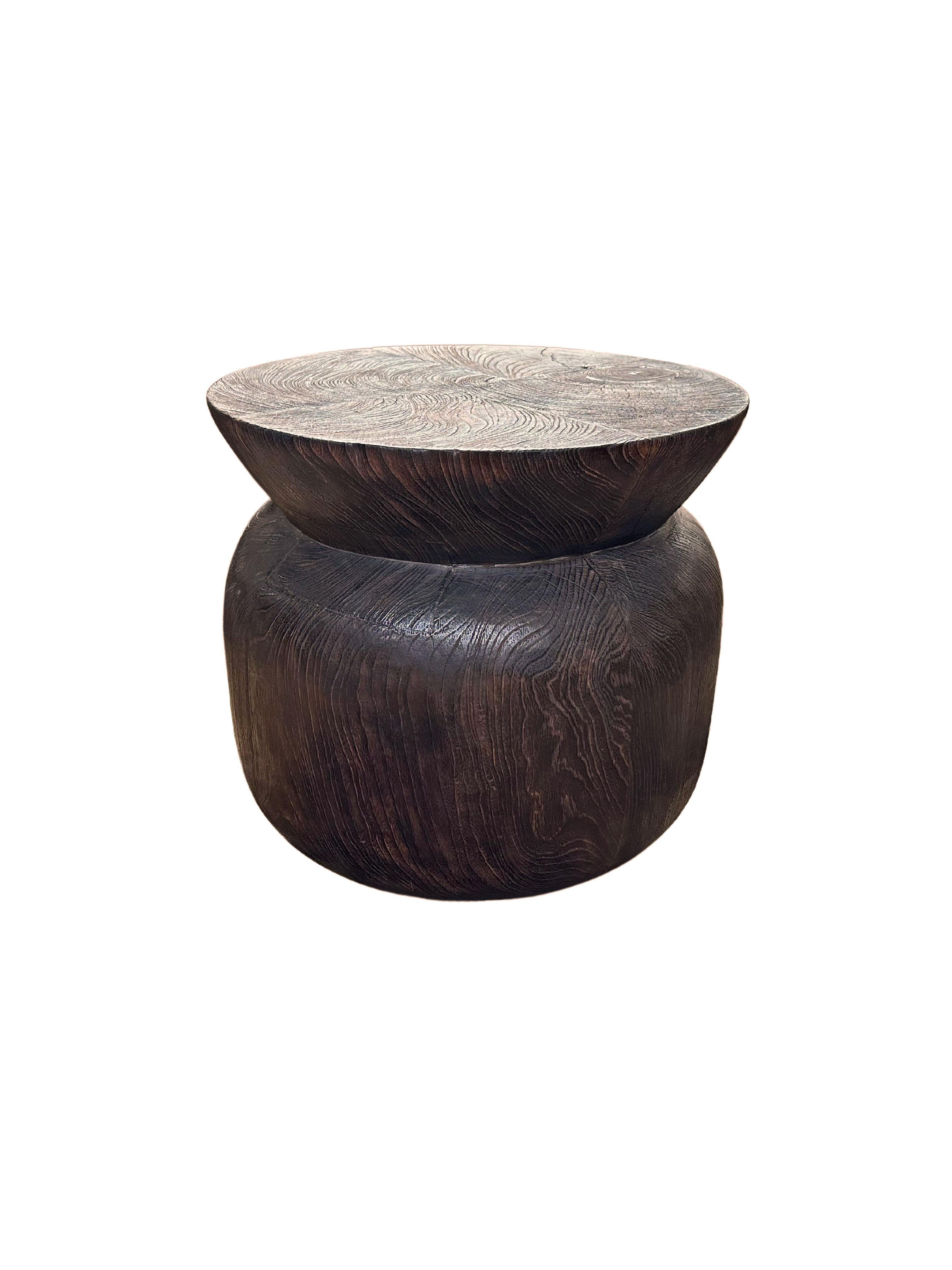 Indonesian Sculptural Round Teak Wood Side Table, Burnt Finish, Modern Organic For Sale