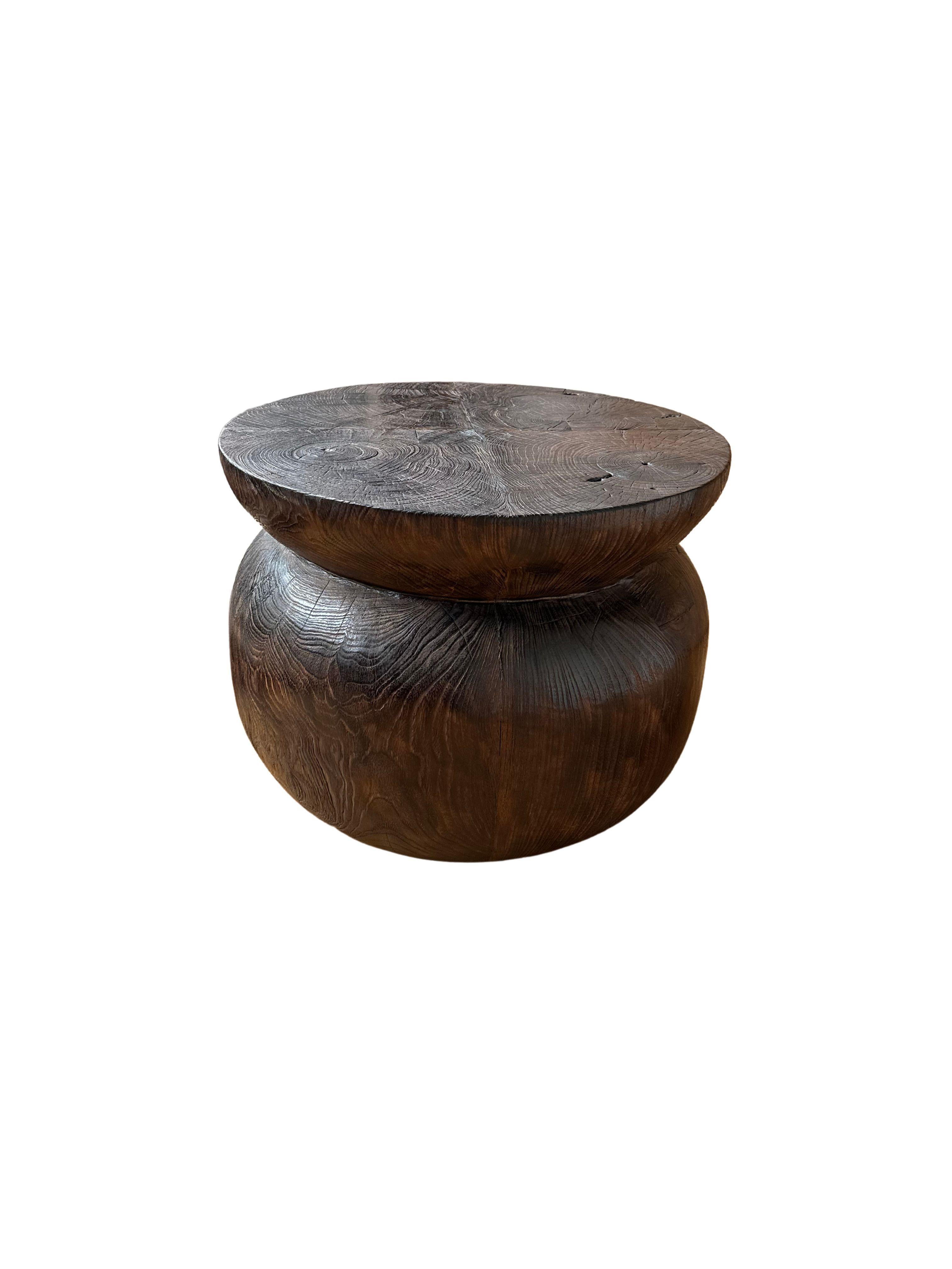 Hand-Crafted Sculptural Round Teak Wood Side Table, Burnt Finish, Modern Organic For Sale