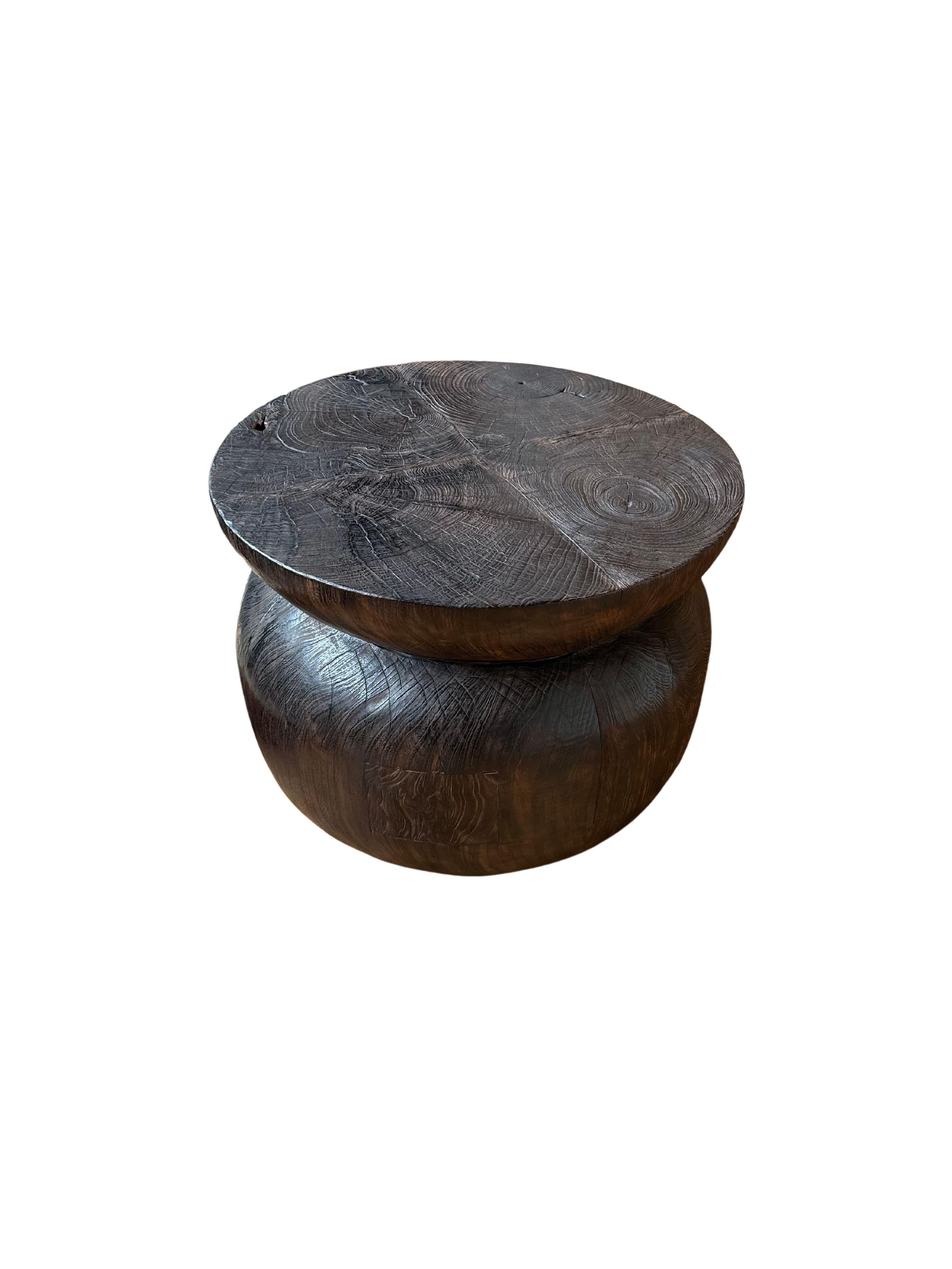 Sculptural Round Teak Wood Side Table, Burnt Finish, Modern Organic In New Condition For Sale In Jimbaran, Bali
