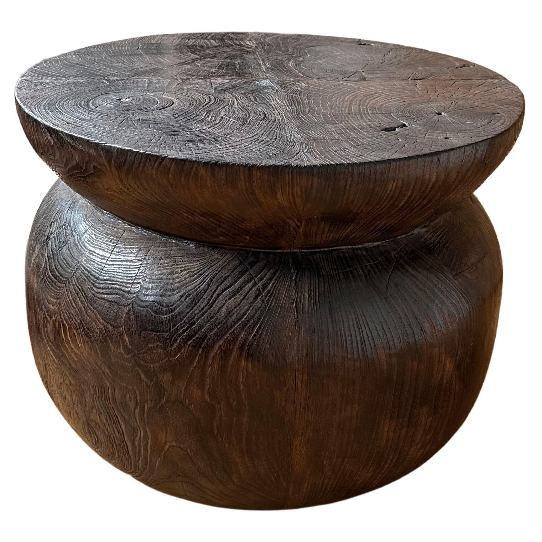 Sculptural Round Teak Wood Side Table, Burnt Finish, Modern Organic