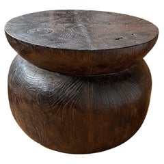 Sculptural Round Teak Wood Side Table, Burnt Finish, Modern Organic