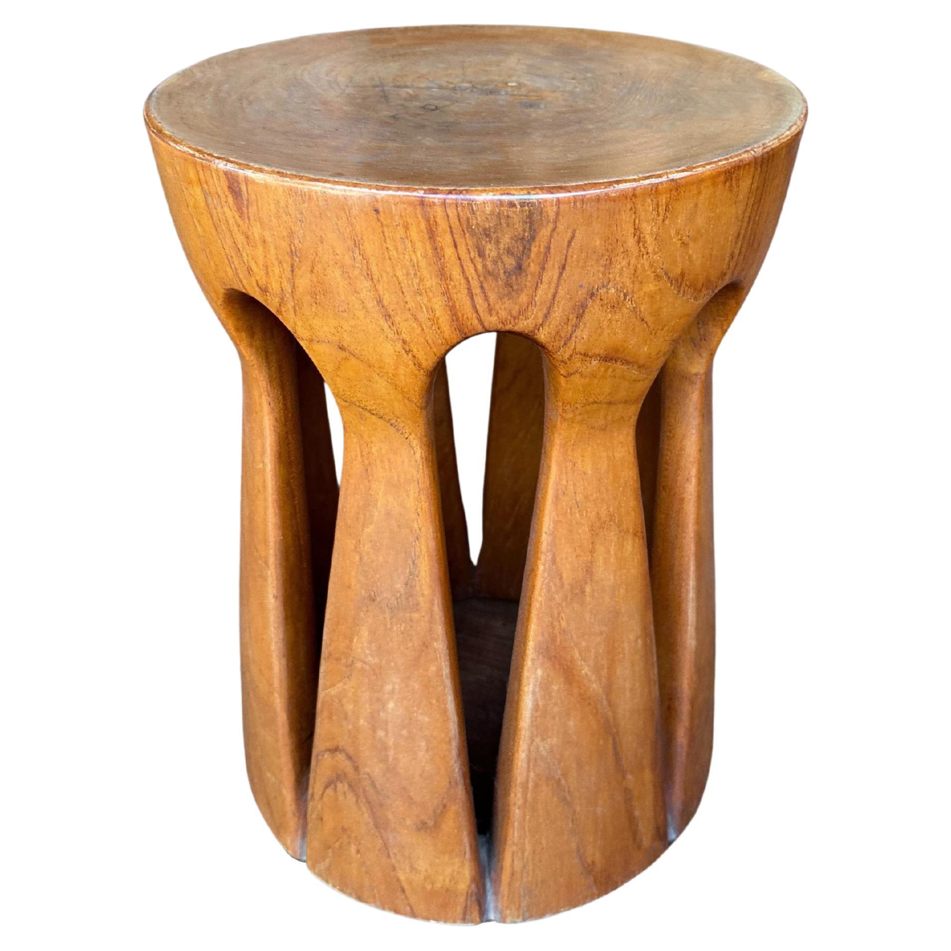 Sculptural Round Teak Wood Stool For Sale