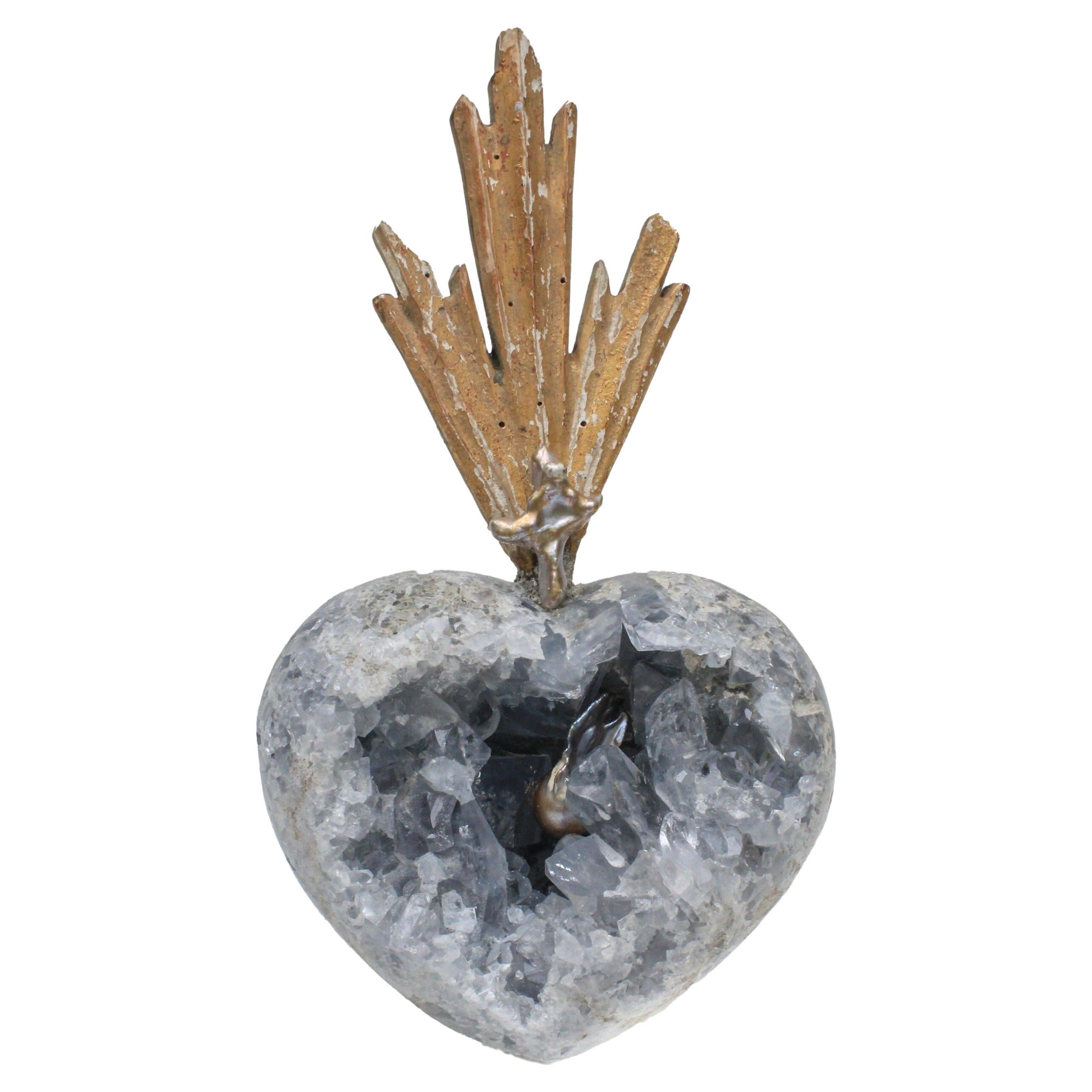 Sculptural Sacred Heart Blue Celestial Geode with an 18th Century Italian Sunray