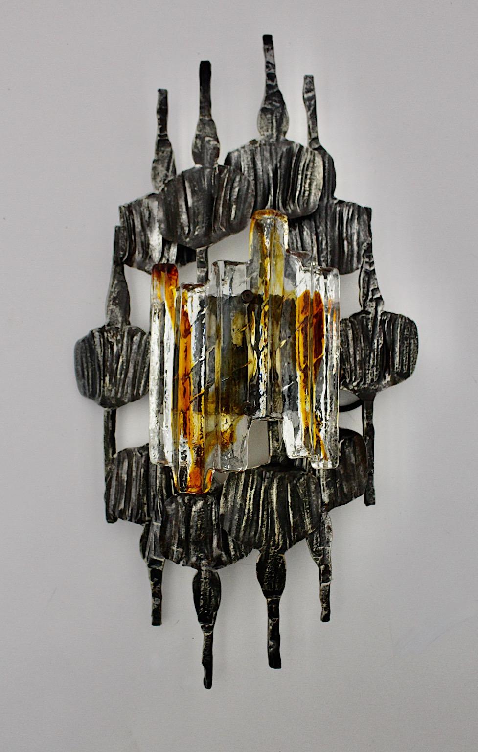 Murano Glass Sculptural Scandinavian Modern Glass Metal Sconce Tom Ahlstrom Hans Ehrich 1970s For Sale