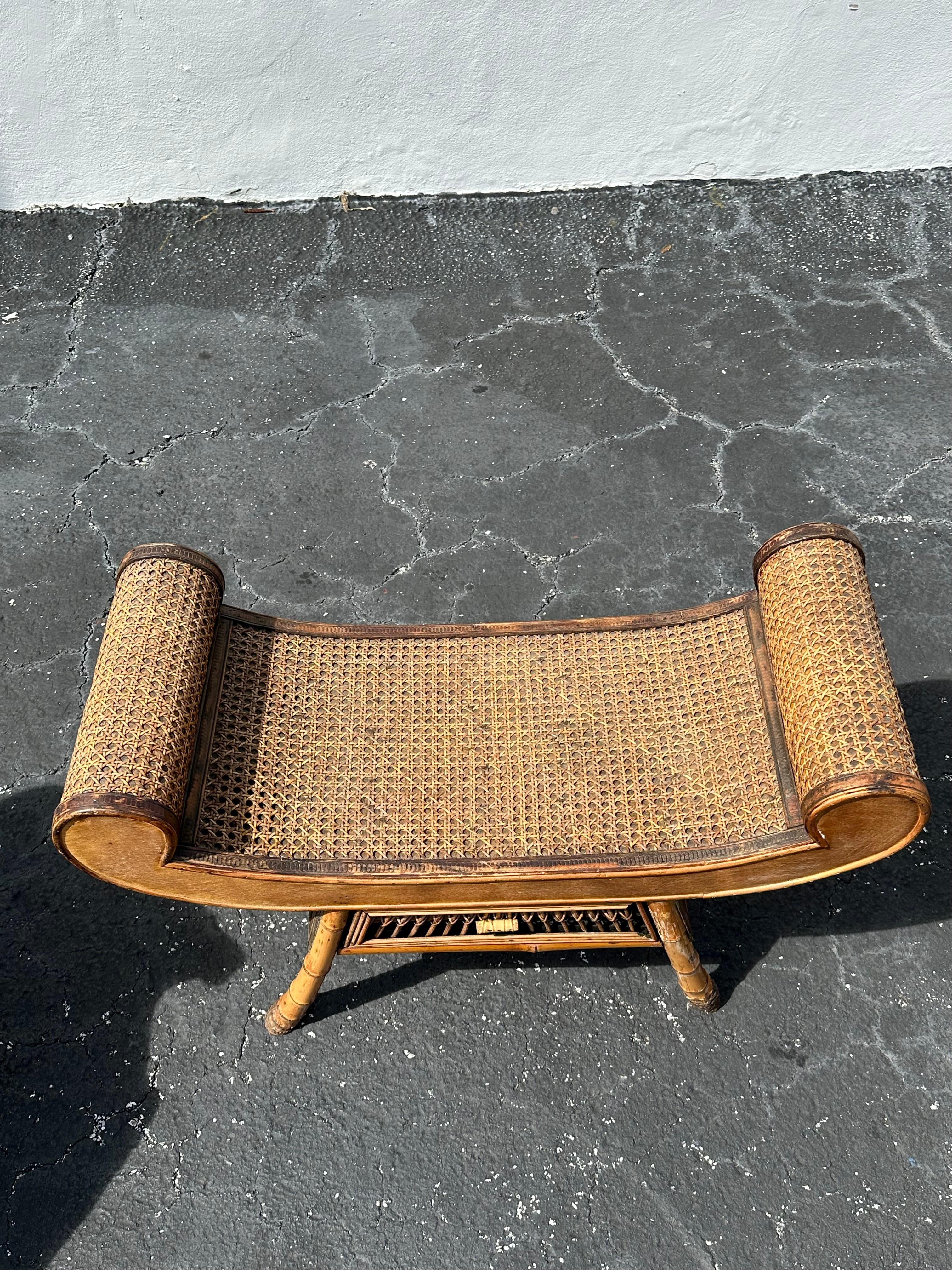 Bohemian Sculptural Scroll Rattan Mini Bench Side Table For Sale