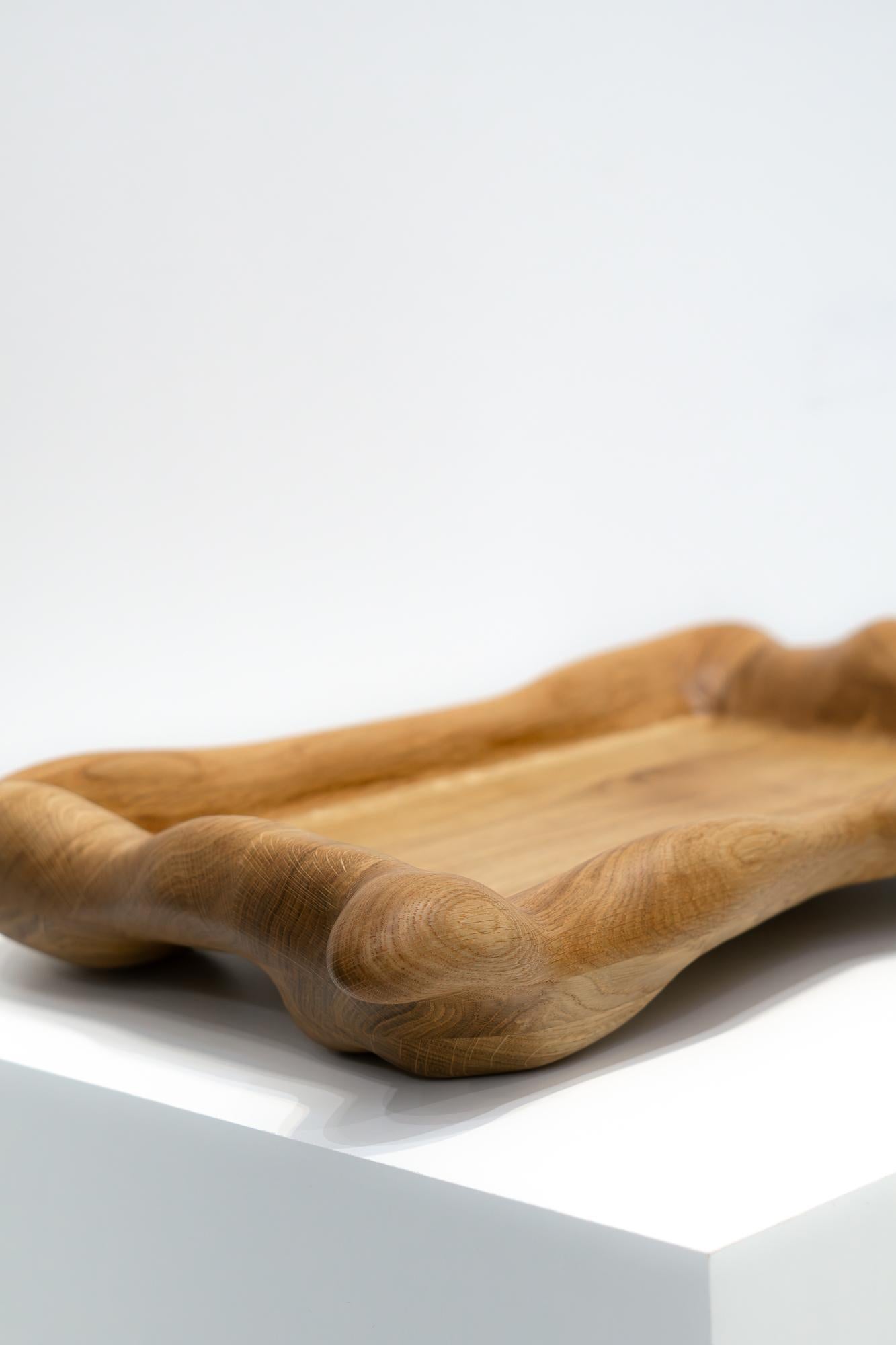 Carved Sculptural Serving Tray in Oak Wood For Sale
