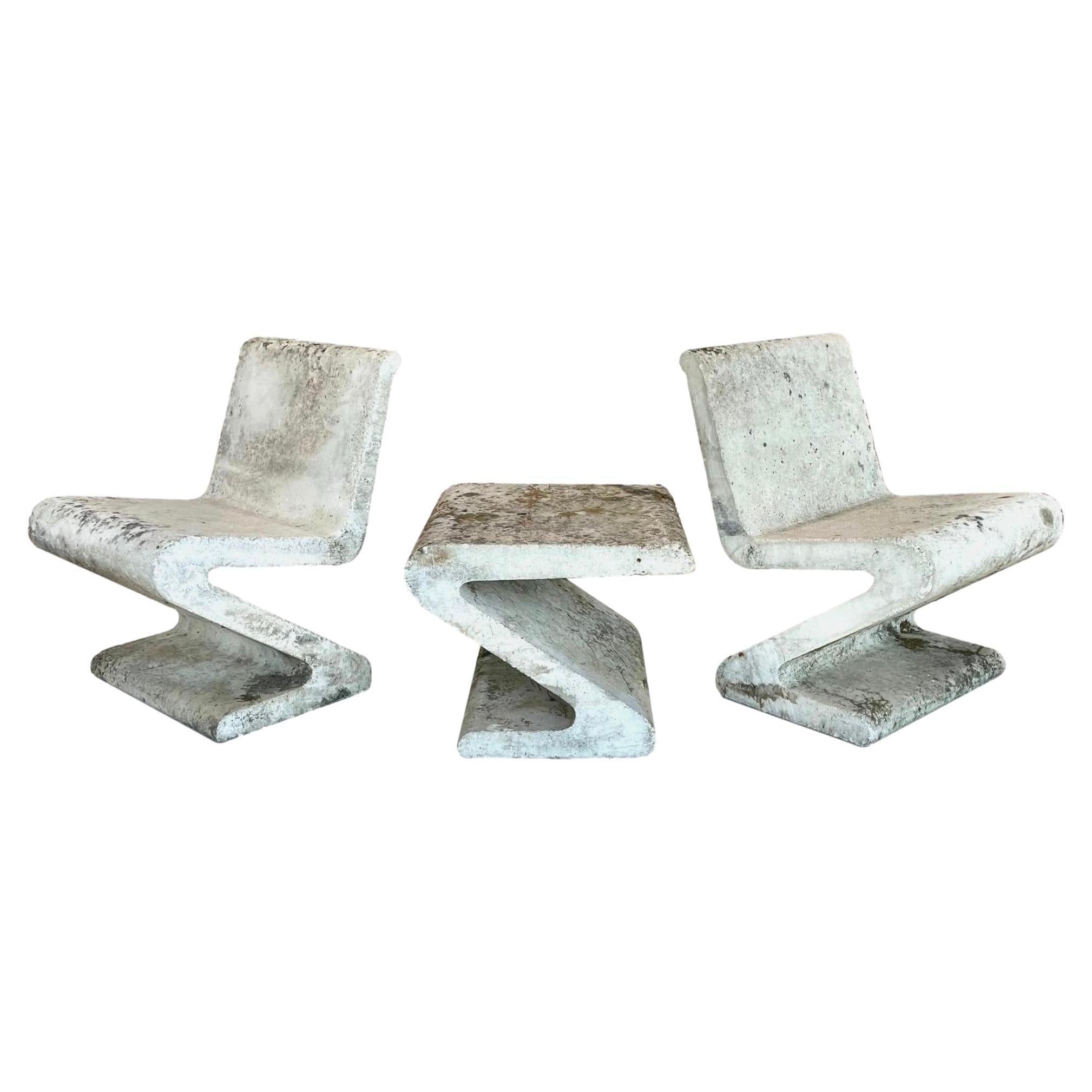 Sculptural Set of Concrete Zig Zag Chairs and Table, 1960s Switzerland
