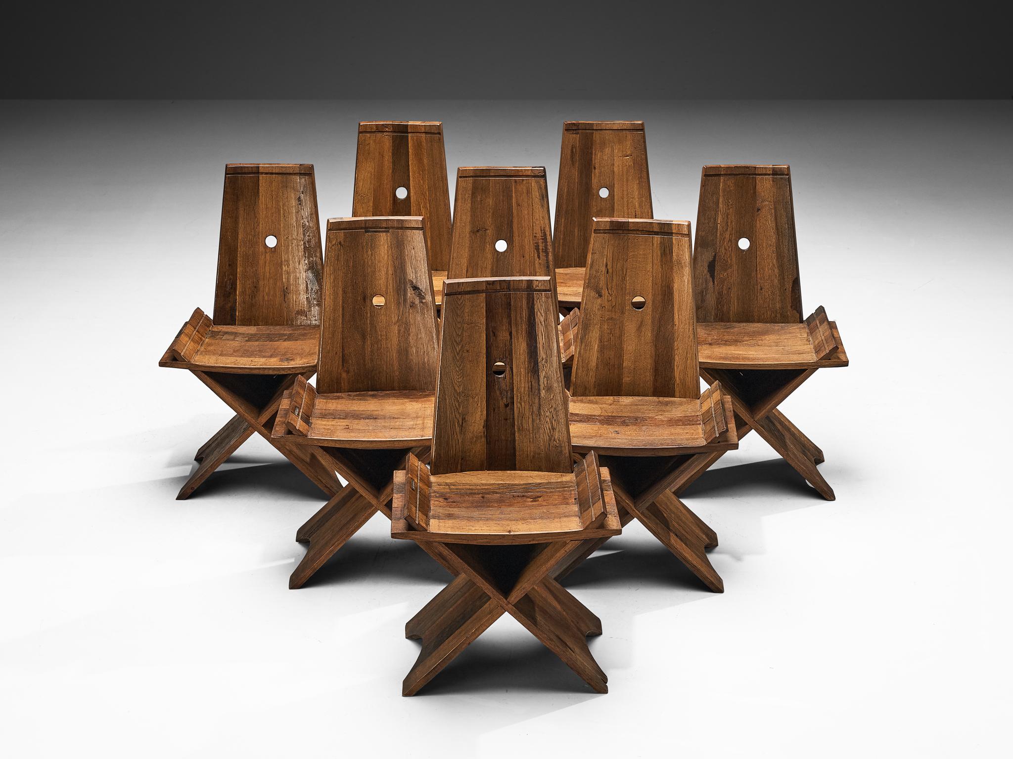 Brutalist Sculptural Set of Eight Dining Chairs in Oak with Iron Accents  For Sale