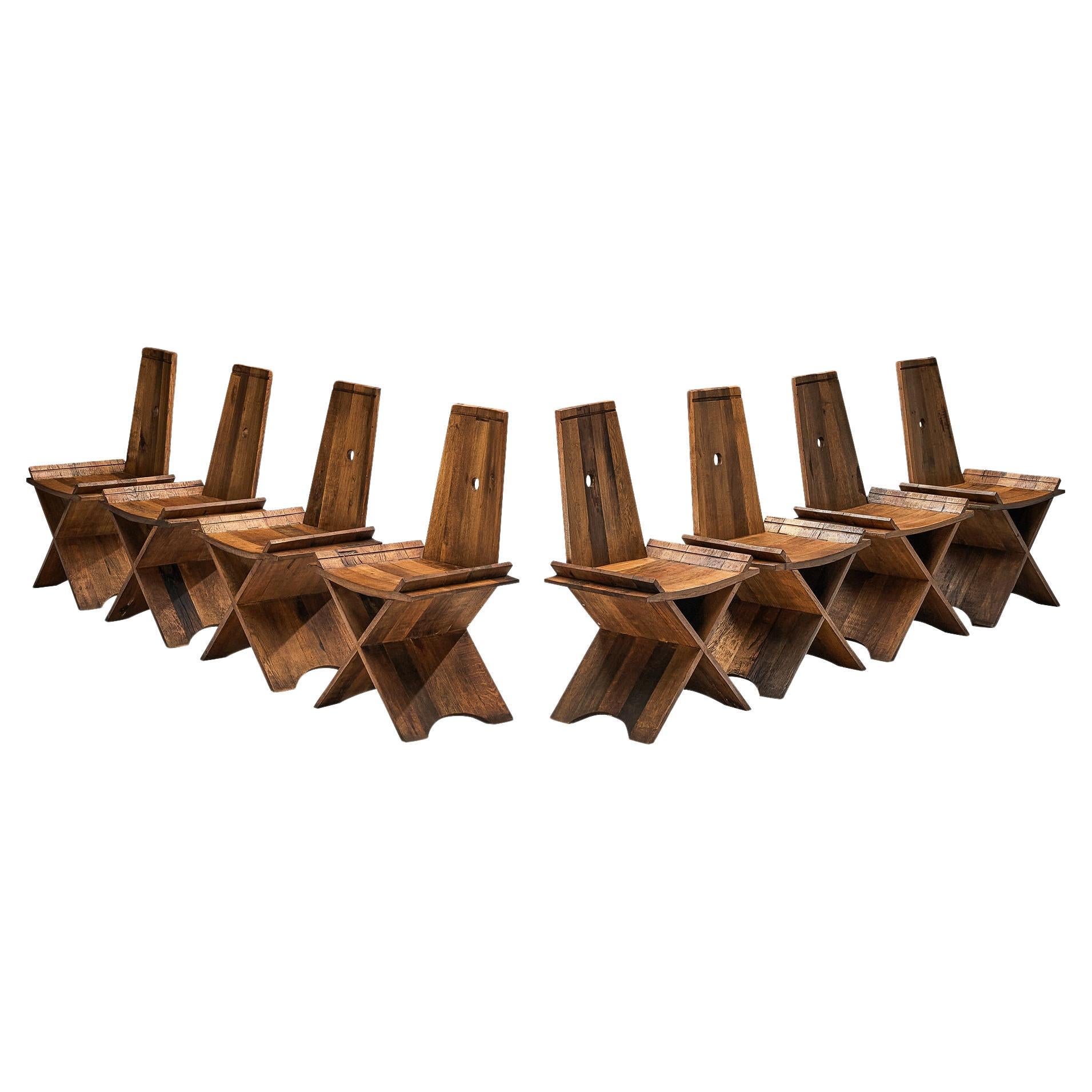Sculptural Set of Eight Dining Chairs in Oak with Iron Accents  For Sale