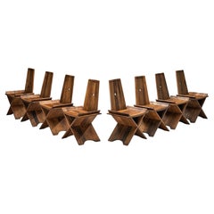 Sculptural Set of Eight Dining Chairs in Oak with Iron Accents 