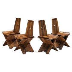 Sculptural Set of Four Dining Chairs in Oak with Iron Accents