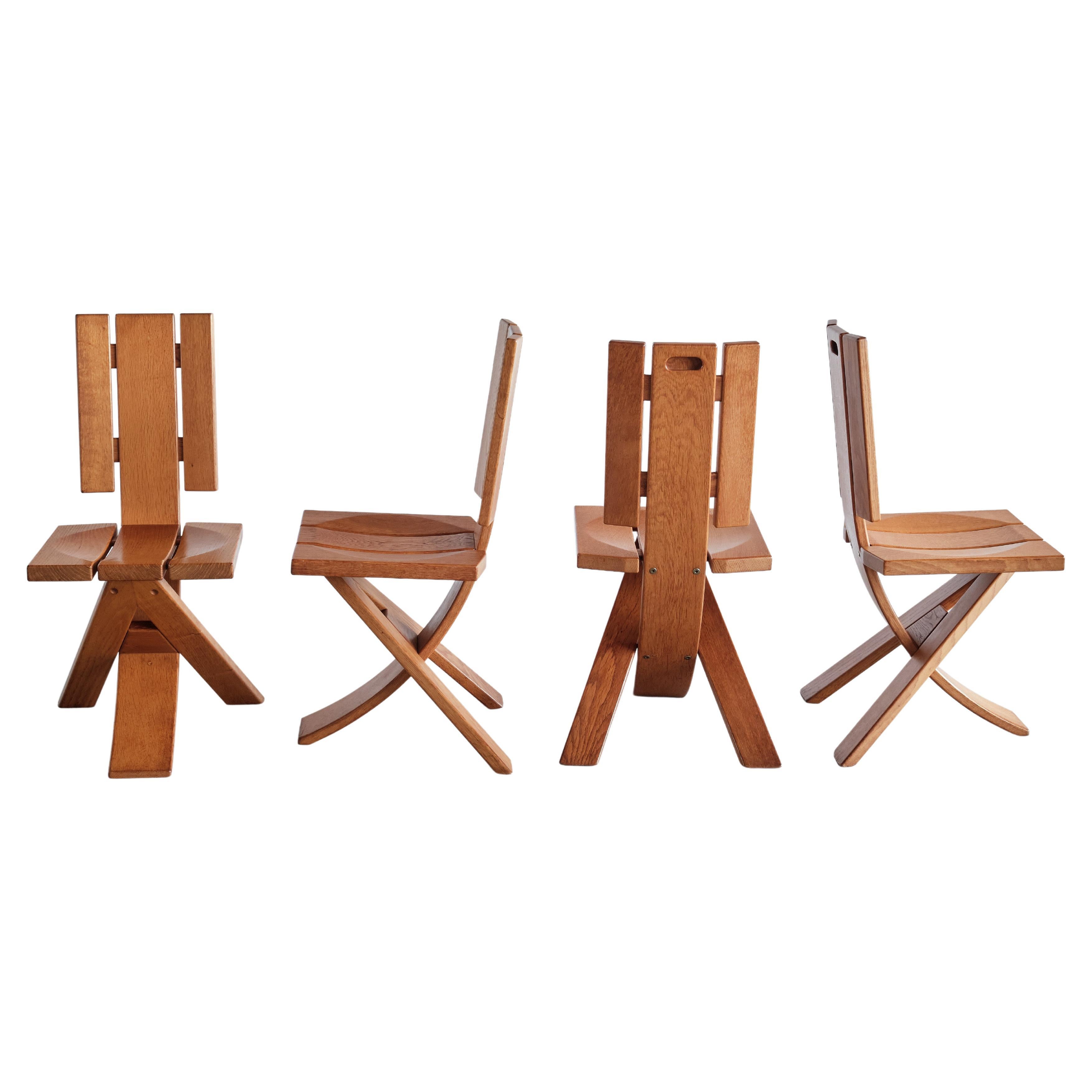 Sculptural Set of Four Ebénisterie Seltz Dining Chairs in Oak, France, 1970s For Sale